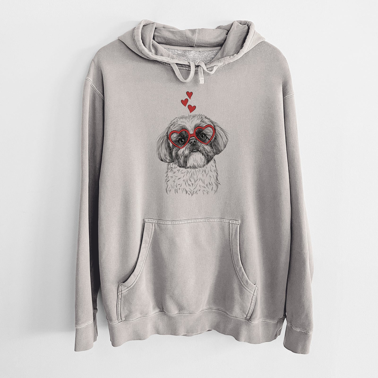 Hand-drawn sketch of Simon the Shih Tzu wearing heart-shaped glasses on a Cement Unisex pigment dyed hoodie