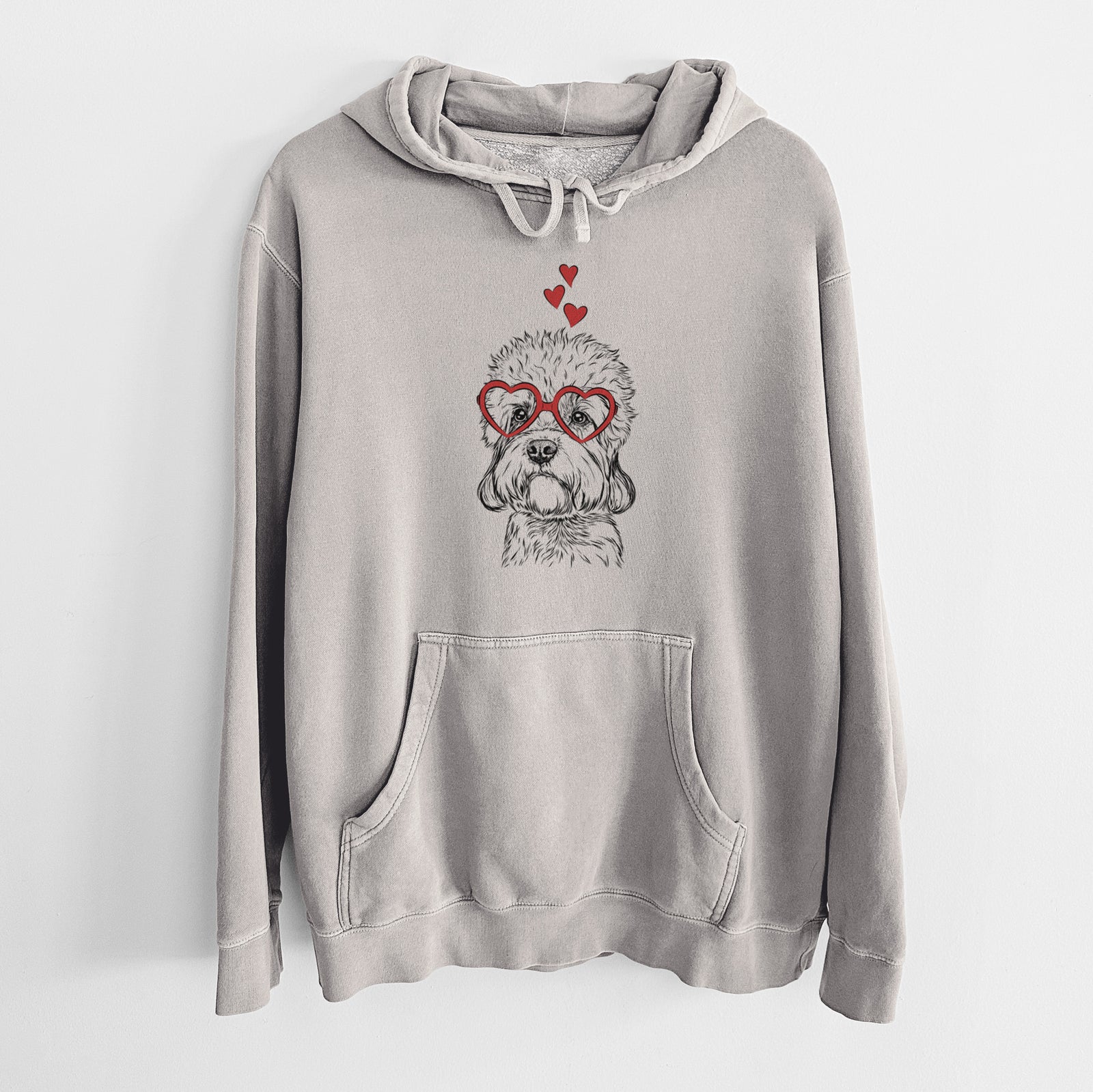 Hand-drawn sketch of Sir Walter the Dandie Dinmont Terrier wearing heart-shaped glasses on a Cement Unisex pigment dyed hoodie