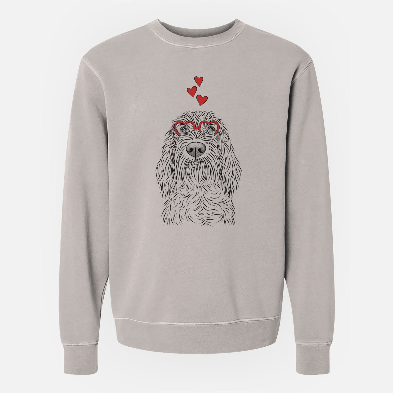 Hand-drawn sketch of Stefano the Spinone Italiano wearing heart-shaped glasses on a Cement Unisex pigment dyed crew sweatshirt