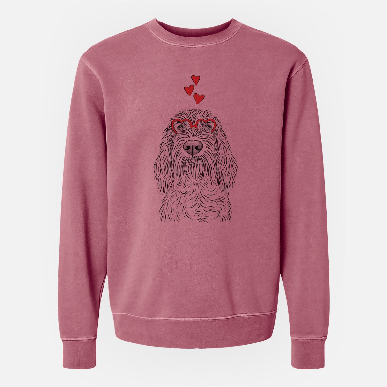 Hand-drawn sketch of Stefano the Spinone Italiano wearing heart-shaped glasses on a Maroon Unisex pigment dyed crew sweatshirt
