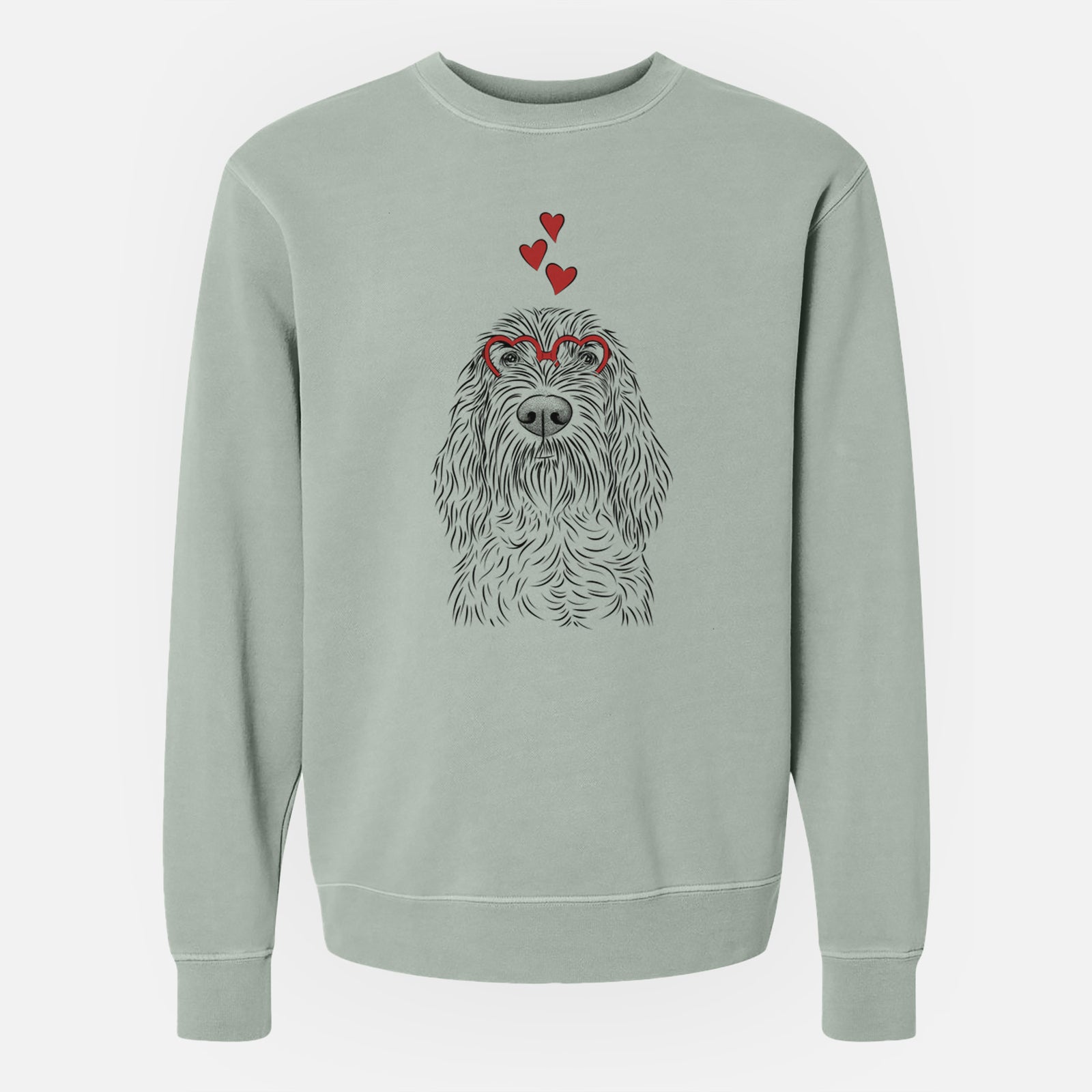 Hand-drawn sketch of Stefano the Spinone Italiano wearing heart-shaped glasses on a Sage Unisex pigment dyed crew sweatshirt