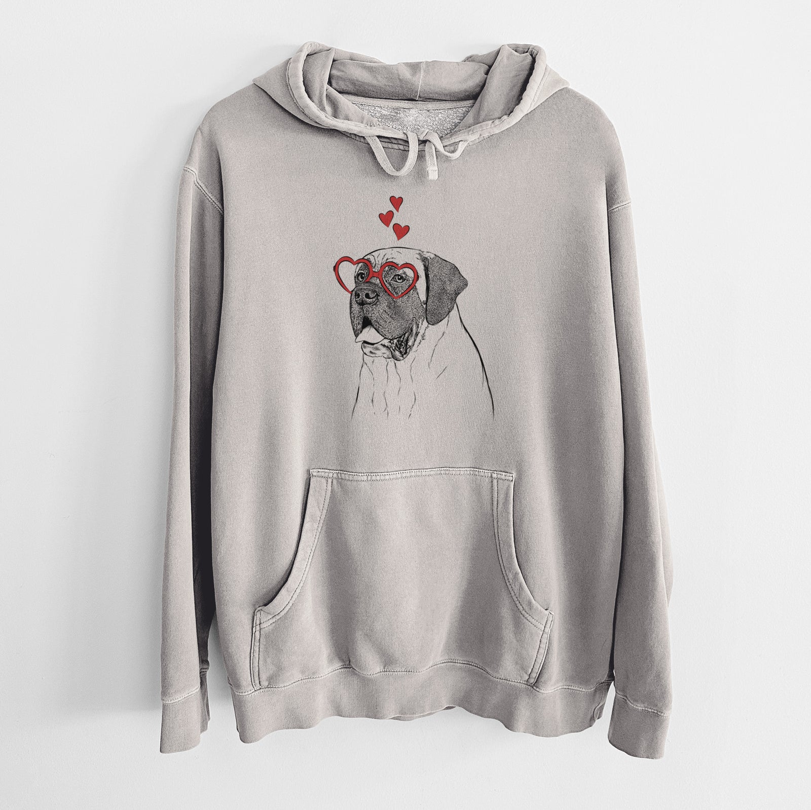 Hand-drawn sketch of Sterling the English Mastiff wearing heart-shaped glasses on a Cement Unisex pigment dyed hoodie