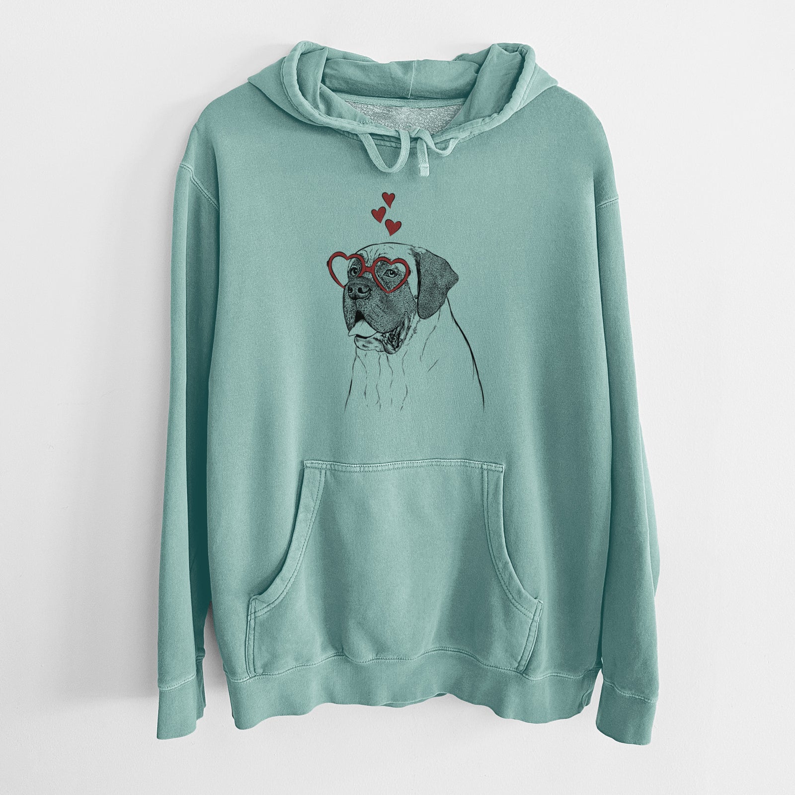 Hand-drawn sketch of Sterling the English Mastiff wearing heart-shaped glasses on a Mint Unisex pigment dyed hoodie