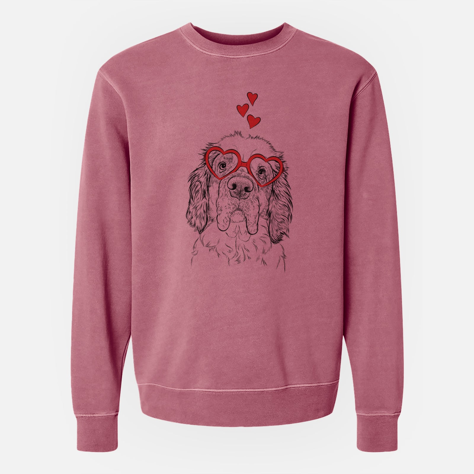Hand-drawn sketch of Sully the Clumber Spaniel wearing heart-shaped glasses on a Maroon Unisex pigment dyed crew sweatshirt