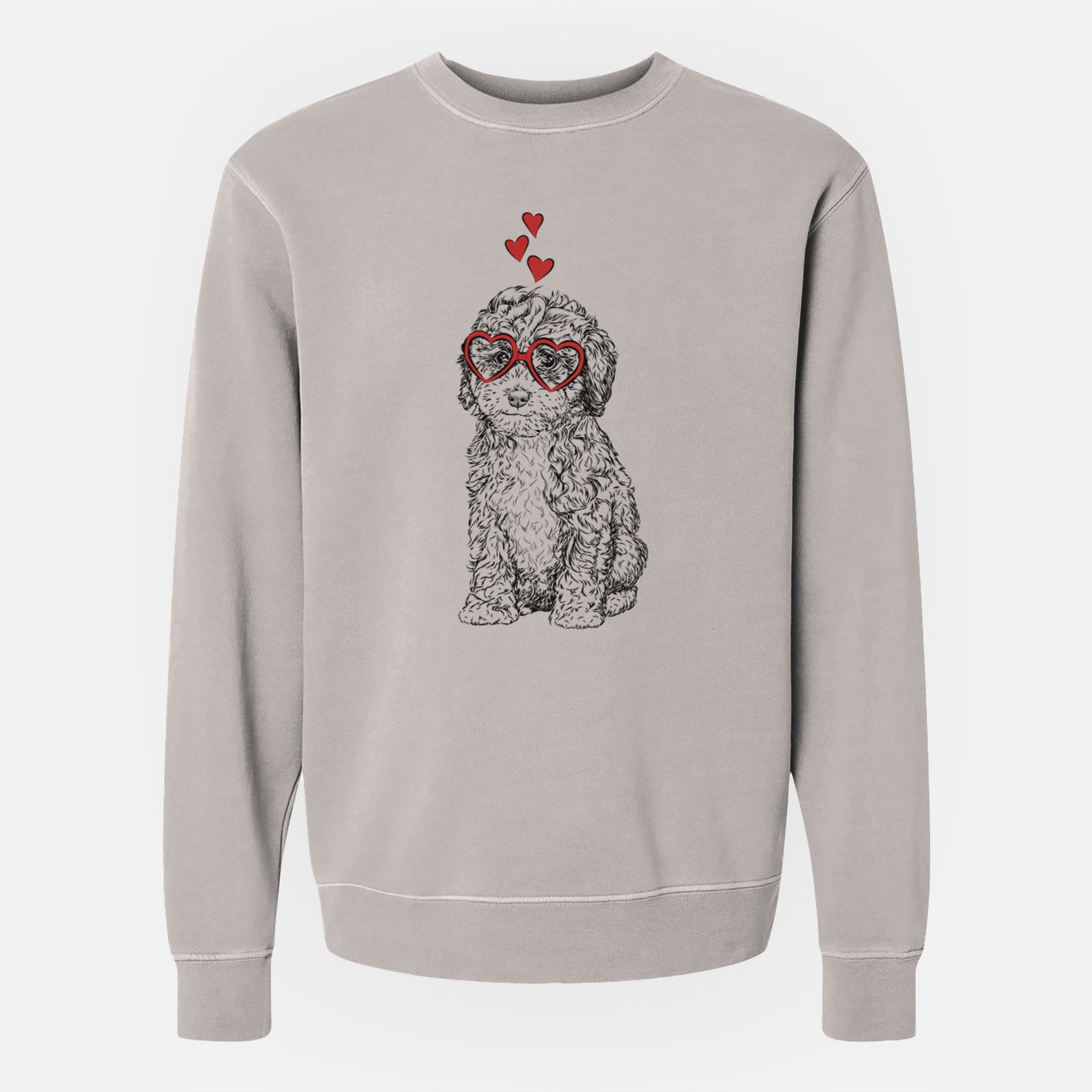 Hand-drawn sketch of Sweet Tea the Mini Doodle wearing heart-shaped glasses on a Cement Unisex pigment dyed crew sweatshirt