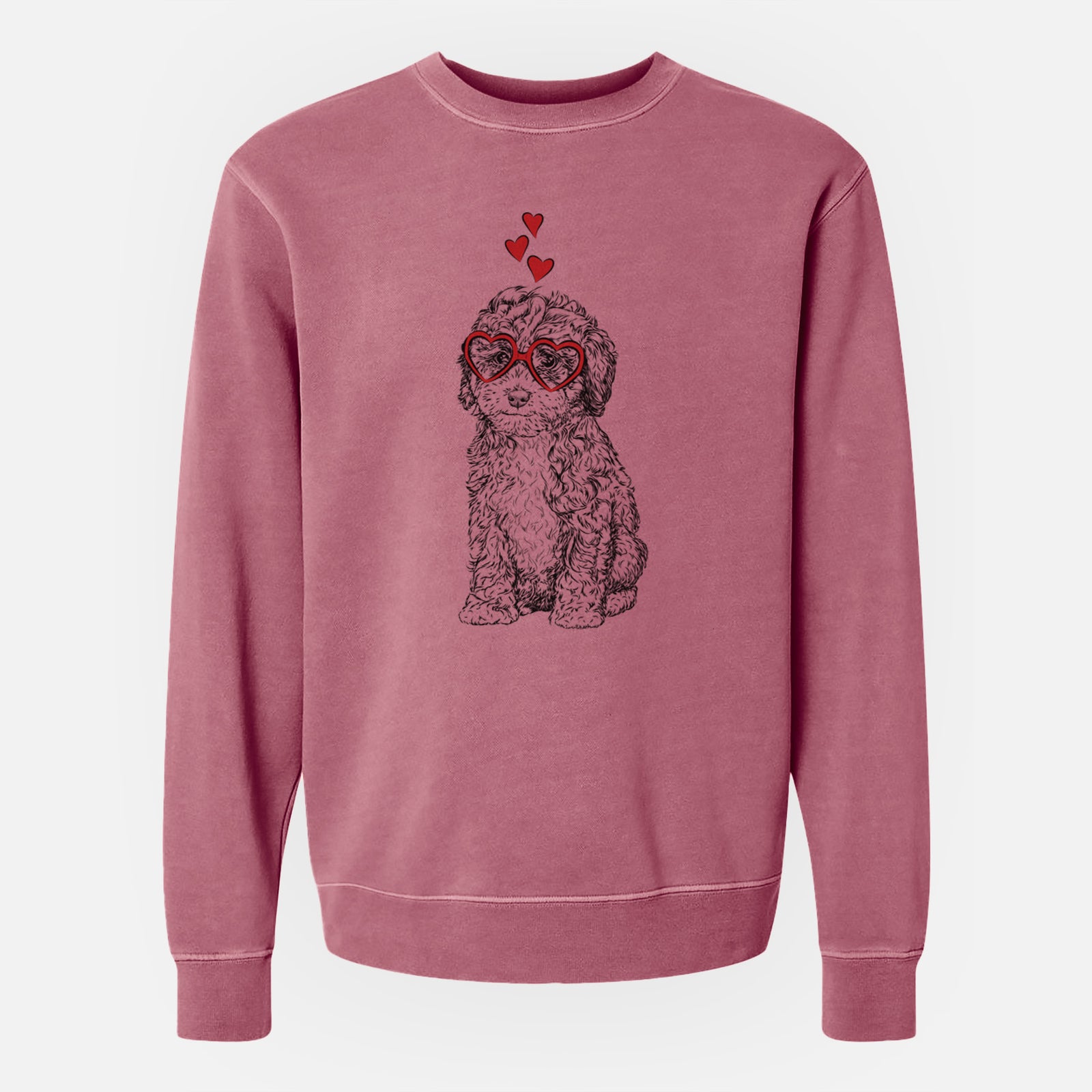Hand-drawn sketch of Sweet Tea the Mini Doodle wearing heart-shaped glasses on a Maroon Unisex pigment dyed crew sweatshirt