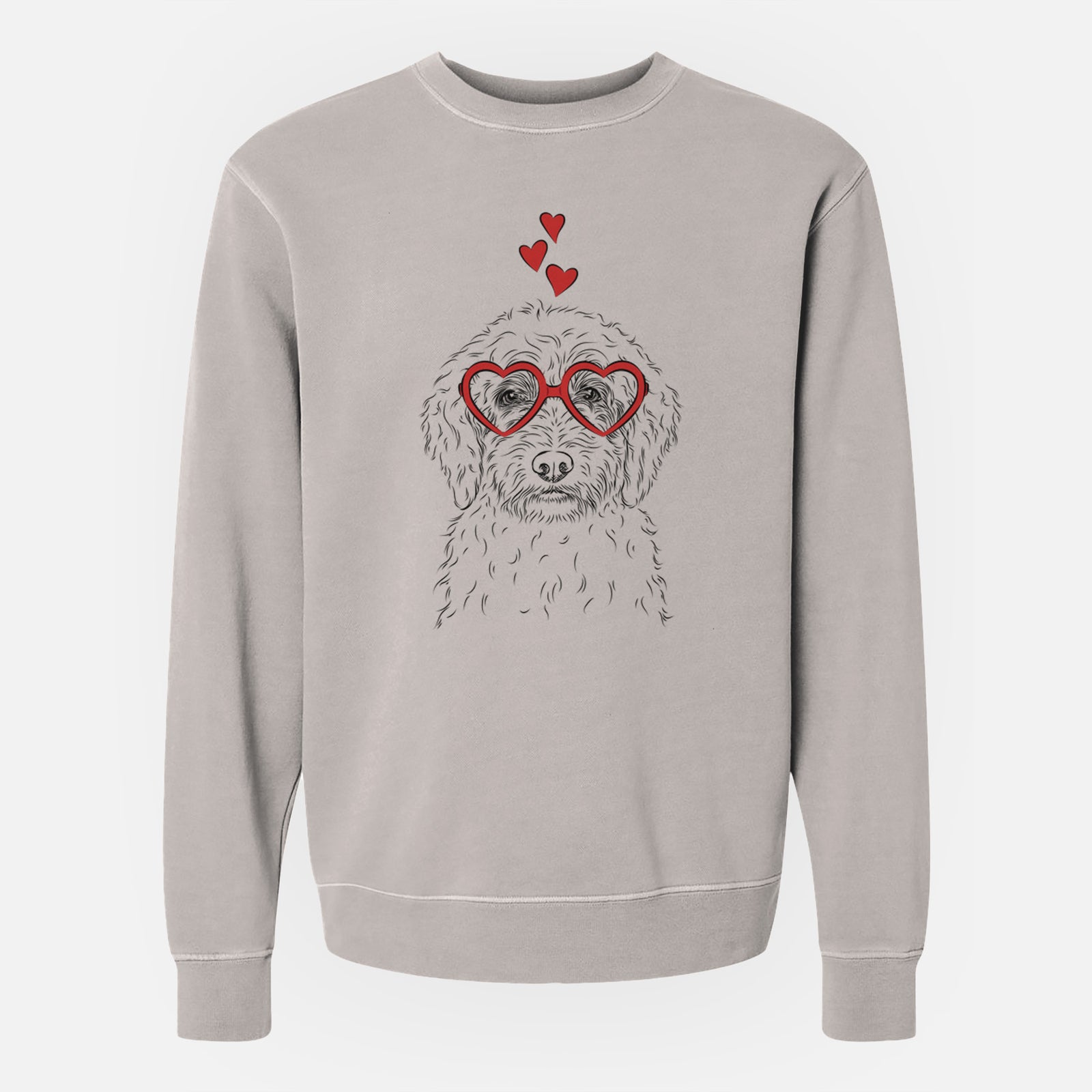 Hand-drawn sketch of Teddy the Labradoodle wearing heart-shaped glasses on a Cement Unisex pigment dyed crew sweatshirt