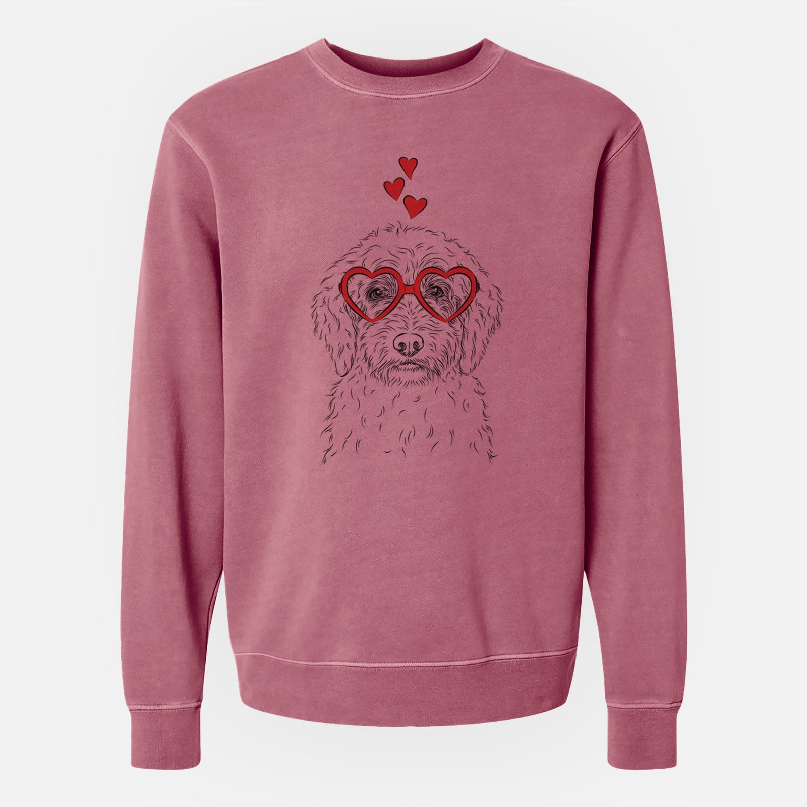 Hand-drawn sketch of Teddy the Labradoodle wearing heart-shaped glasses on a Maroon Unisex pigment dyed crew sweatshirt