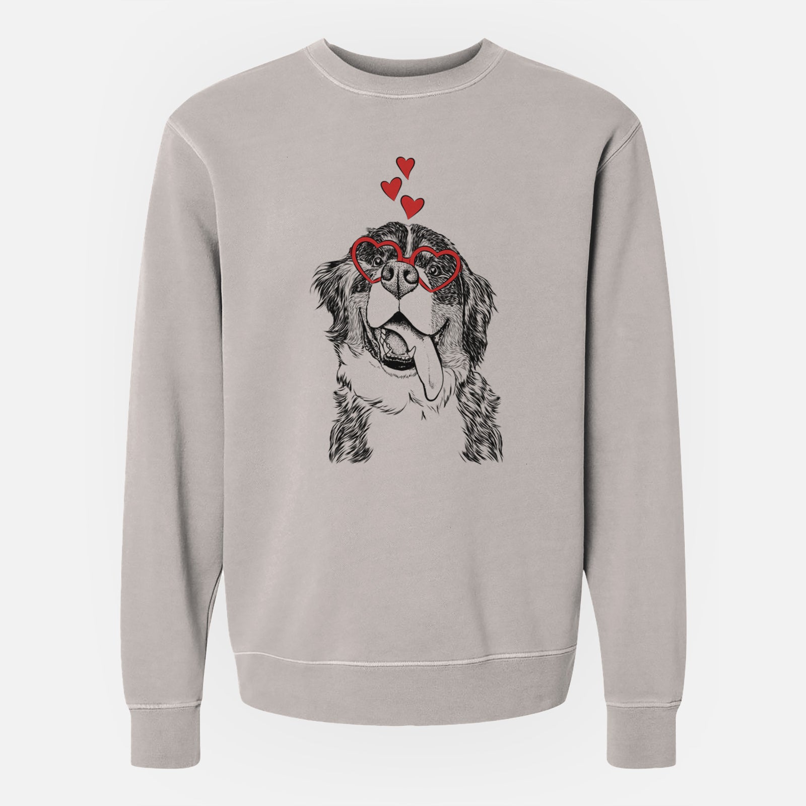Hand-drawn sketch of Theo the Bernese Mountain Dog wearing heart-shaped glasses on a Cement Unisex pigment dyed crew sweatshirt