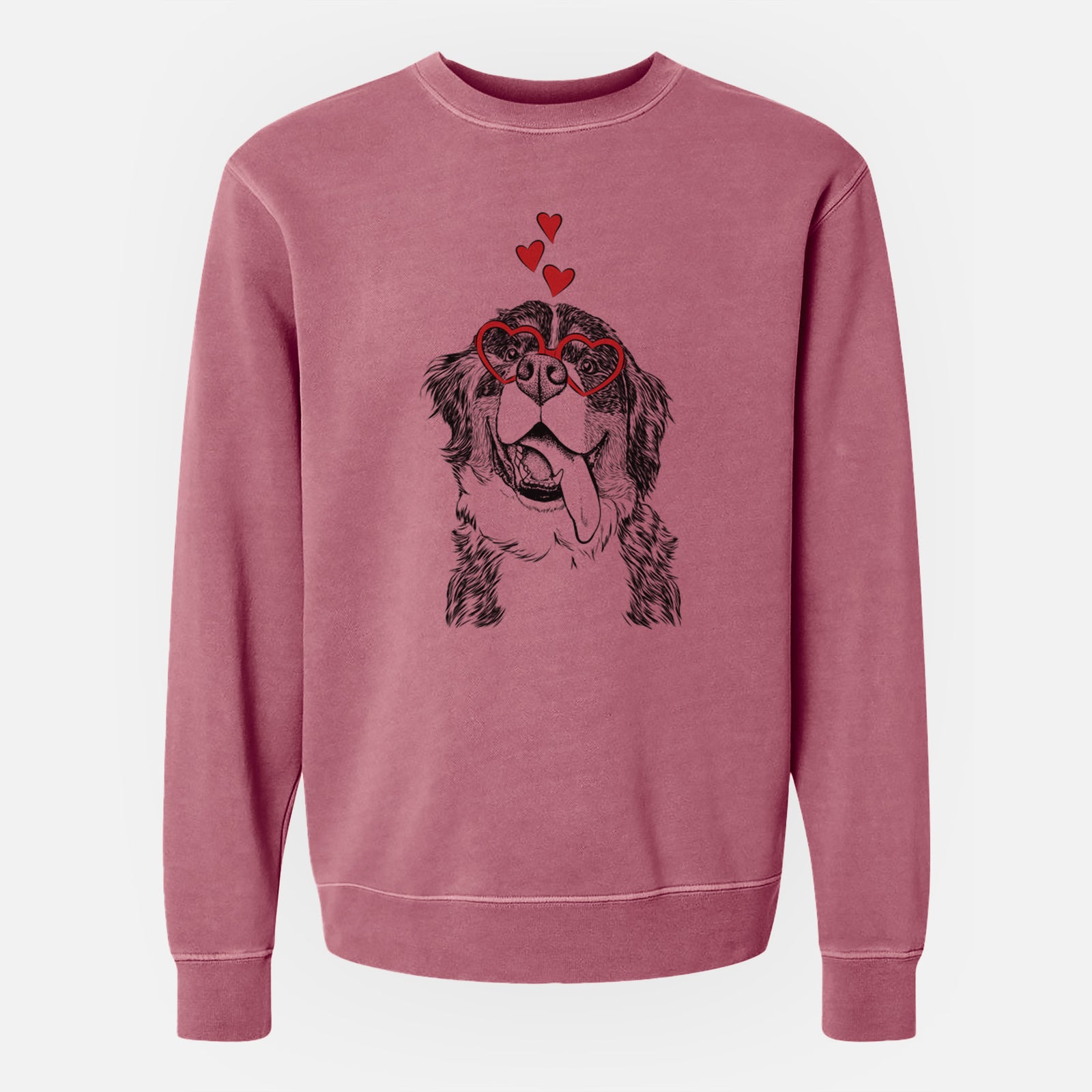 Hand-drawn sketch of Theo the Bernese Mountain Dog wearing heart-shaped glasses on a Maroon Unisex pigment dyed crew sweatshirt