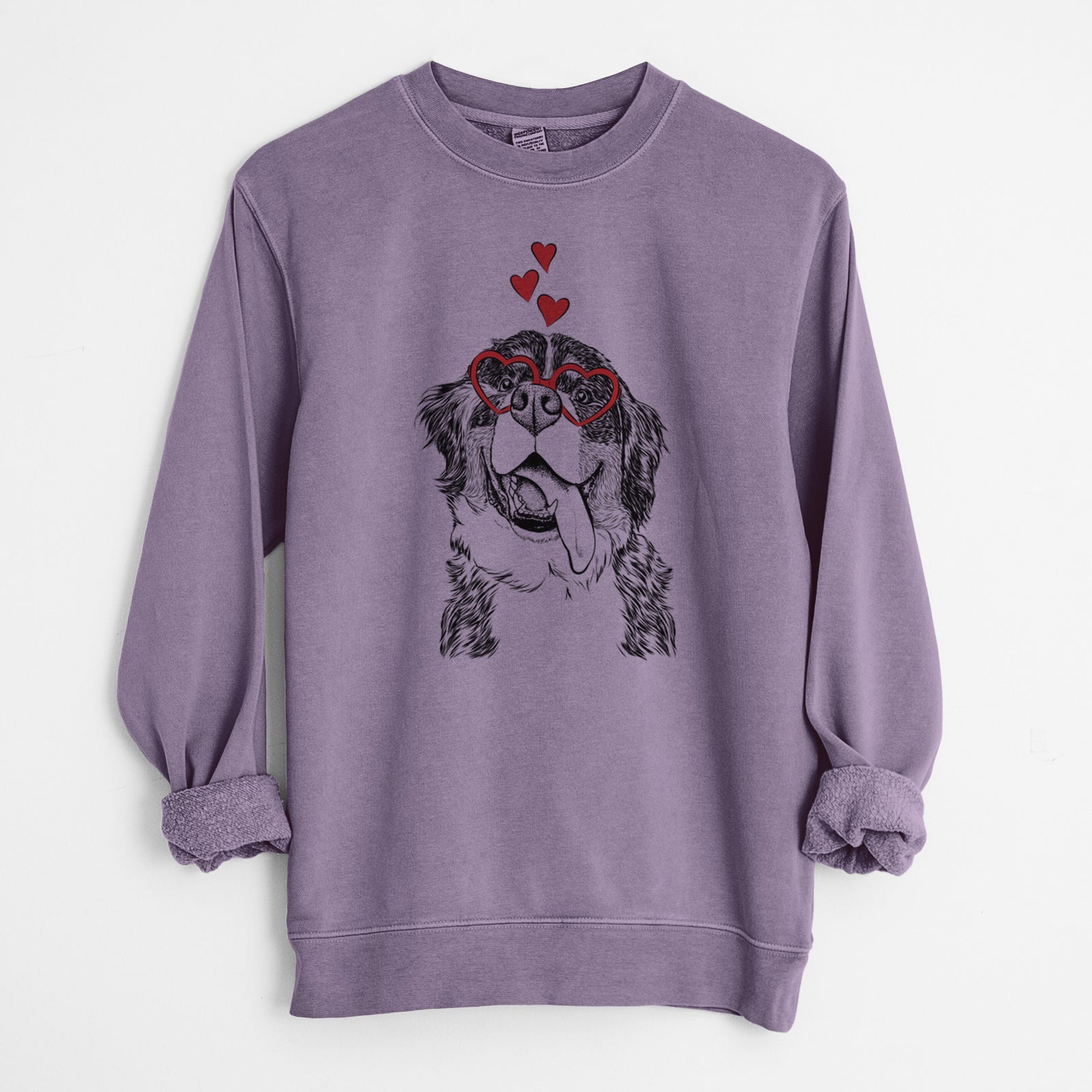 Hand-drawn sketch of Theo the Bernese Mountain Dog wearing heart-shaped glasses on a Plum Unisex pigment dyed crew sweatshirt