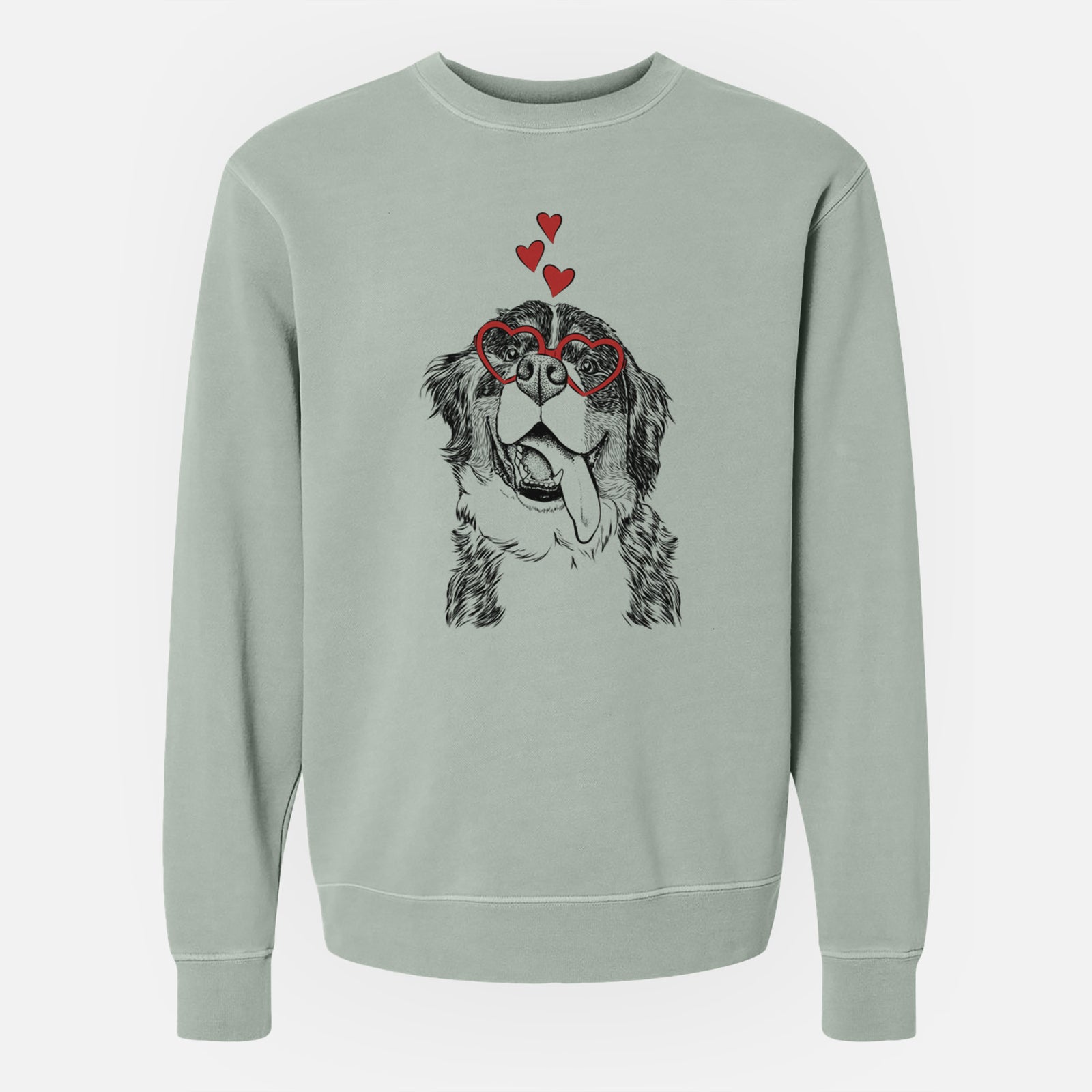Hand-drawn sketch of Theo the Bernese Mountain Dog wearing heart-shaped glasses on a Sage Unisex pigment dyed crew sweatshirt