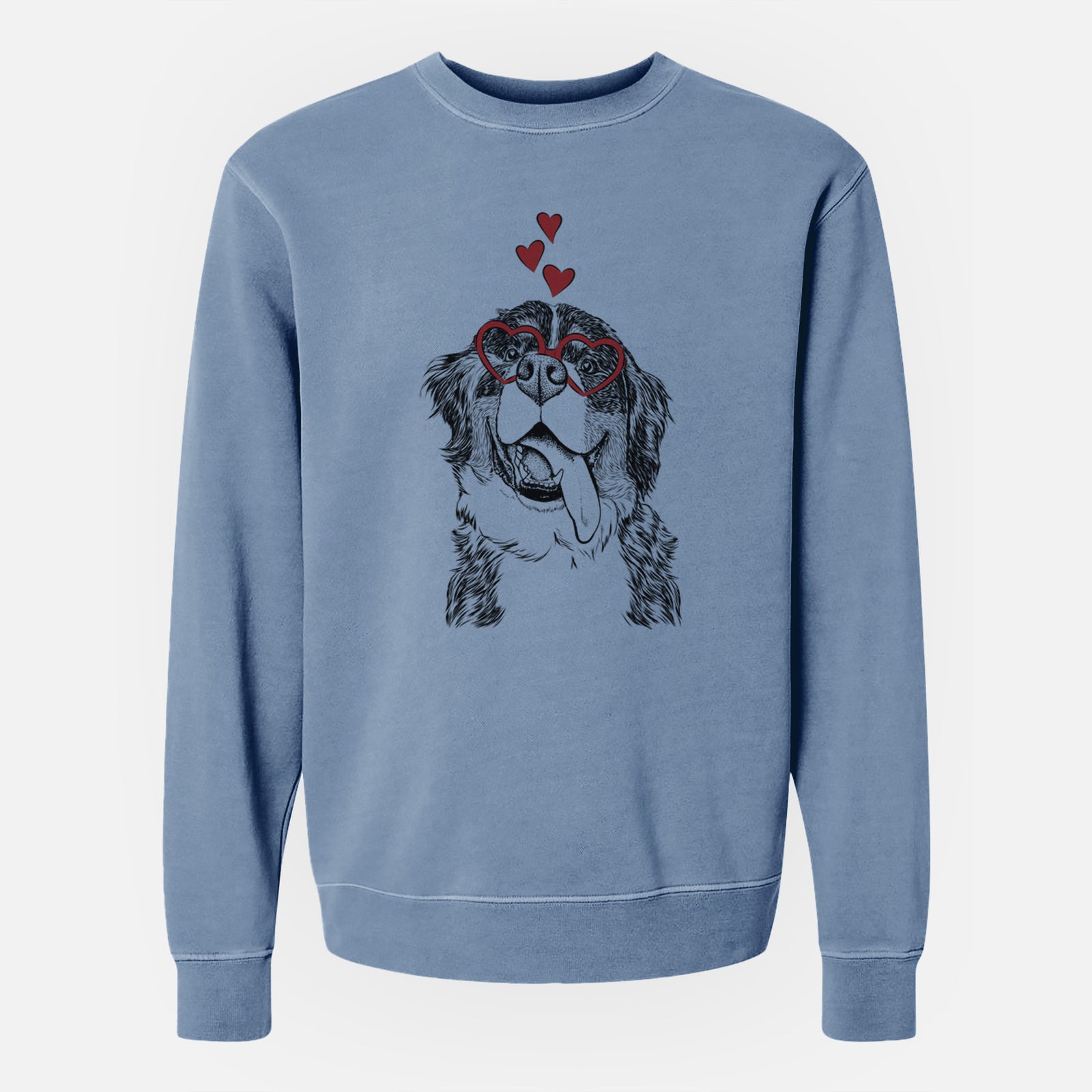 Hand-drawn sketch of Theo the Bernese Mountain Dog wearing heart-shaped glasses on a Slate Blue Unisex pigment dyed crew sweatshirt