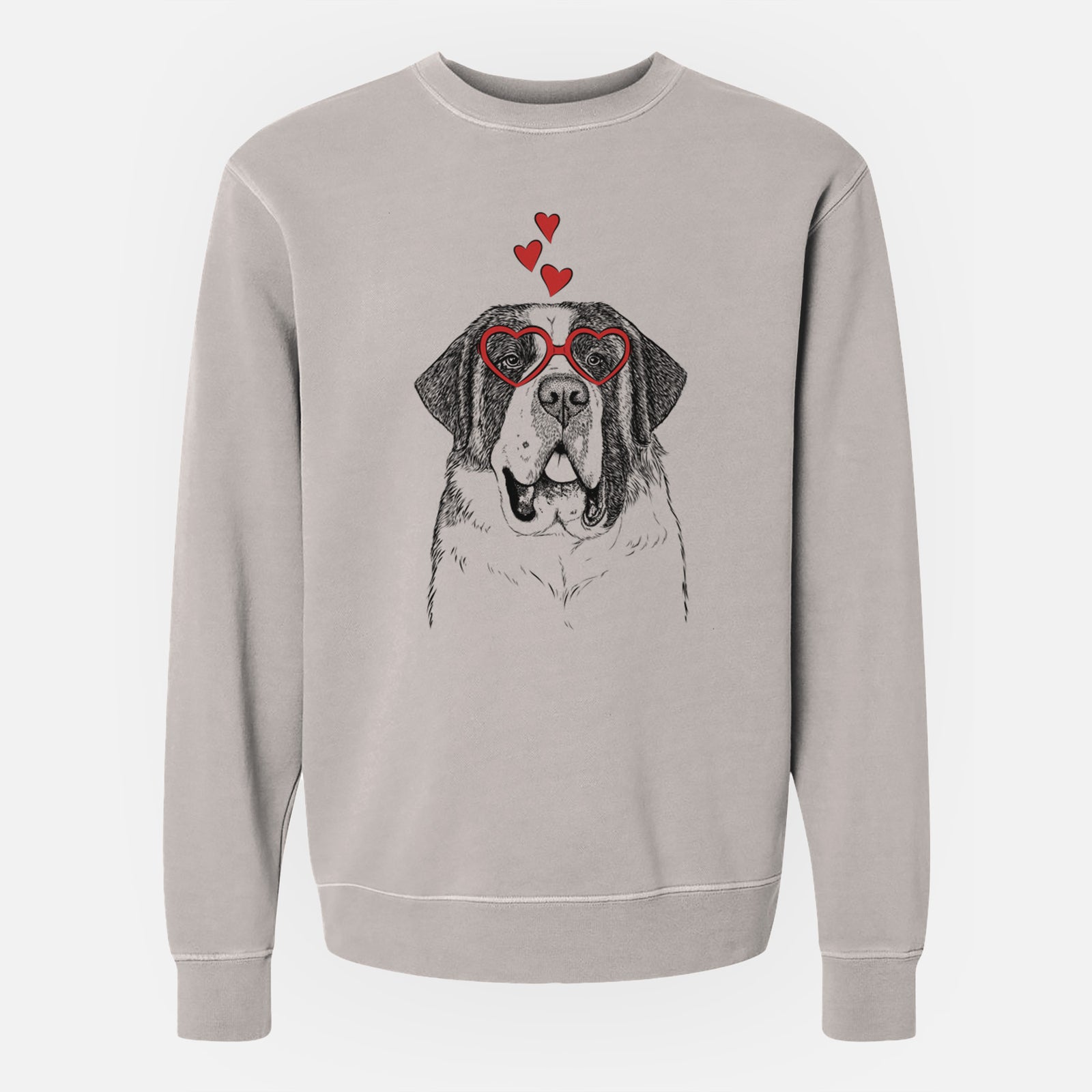 Hand-drawn sketch of Thor the Saint Bernard wearing heart-shaped glasses on a Cement Unisex pigment dyed crew sweatshirt
