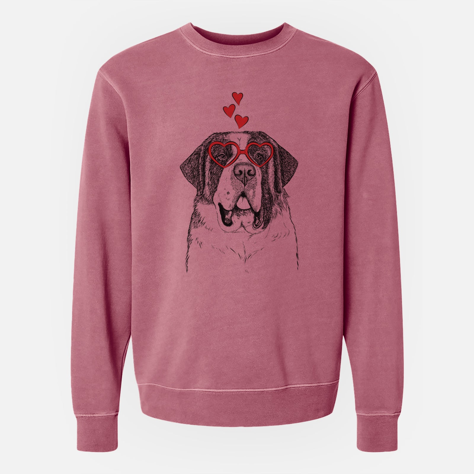 Hand-drawn sketch of Thor the Saint Bernard wearing heart-shaped glasses on a Maroon Unisex pigment dyed crew sweatshirt