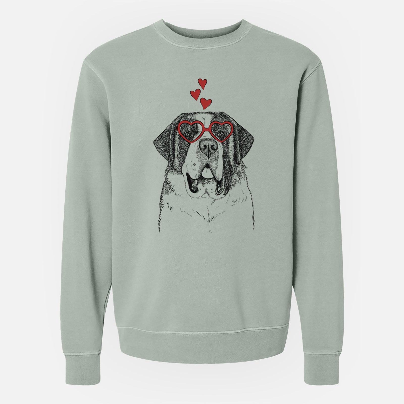 Hand-drawn sketch of Thor the Saint Bernard wearing heart-shaped glasses on a Sage Unisex pigment dyed crew sweatshirt