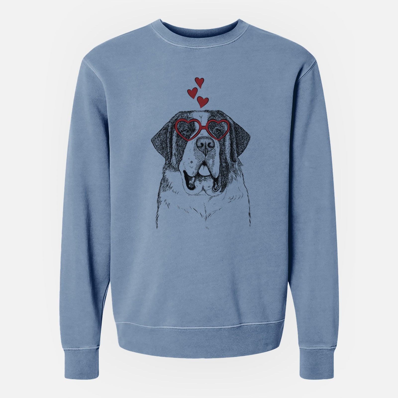 Hand-drawn sketch of Thor the Saint Bernard wearing heart-shaped glasses on a Slate Blue Unisex pigment dyed crew sweatshirt