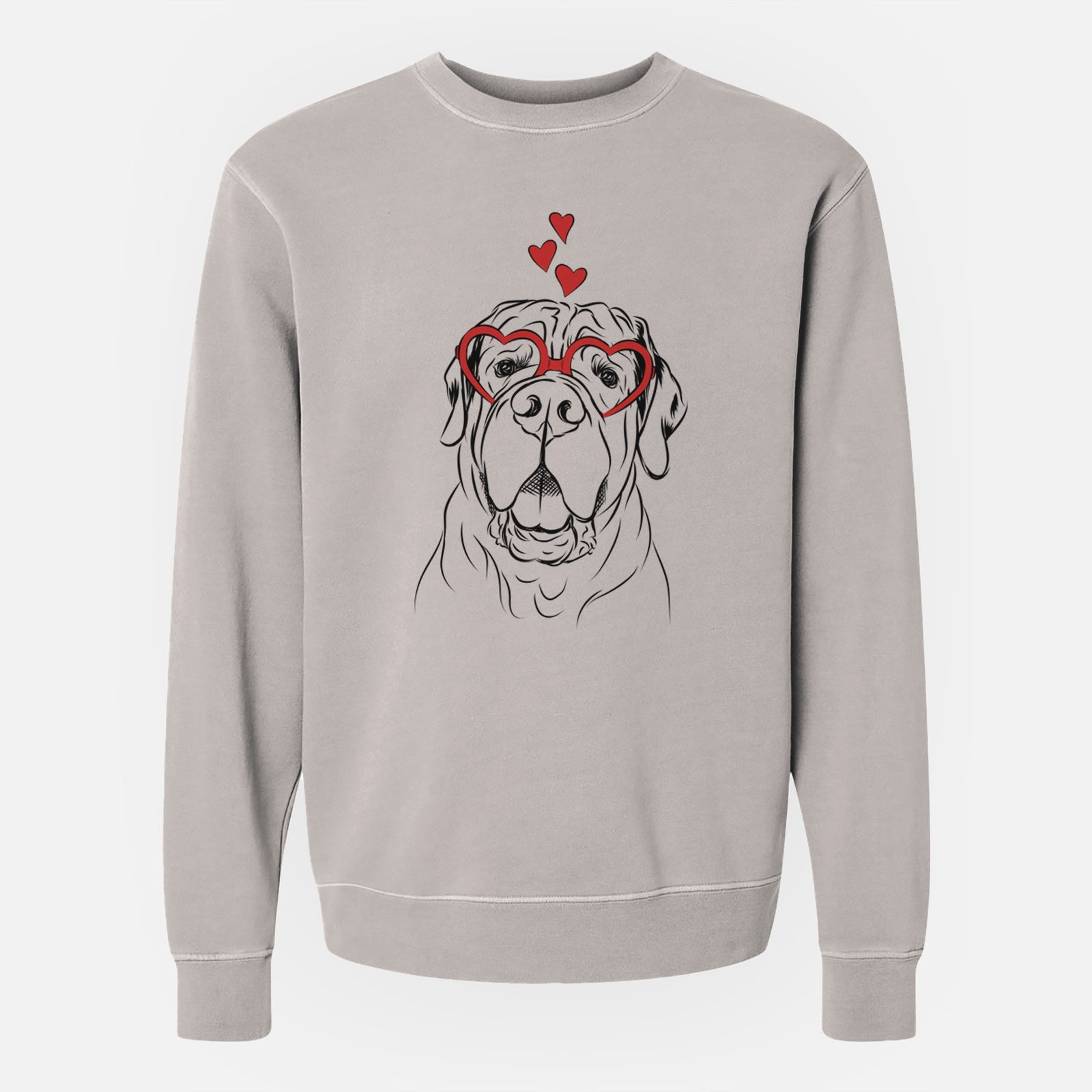 Hand-drawn sketch of Tufton the English Mastiff wearing heart-shaped glasses on a Cement Unisex pigment dyed crew sweatshirt