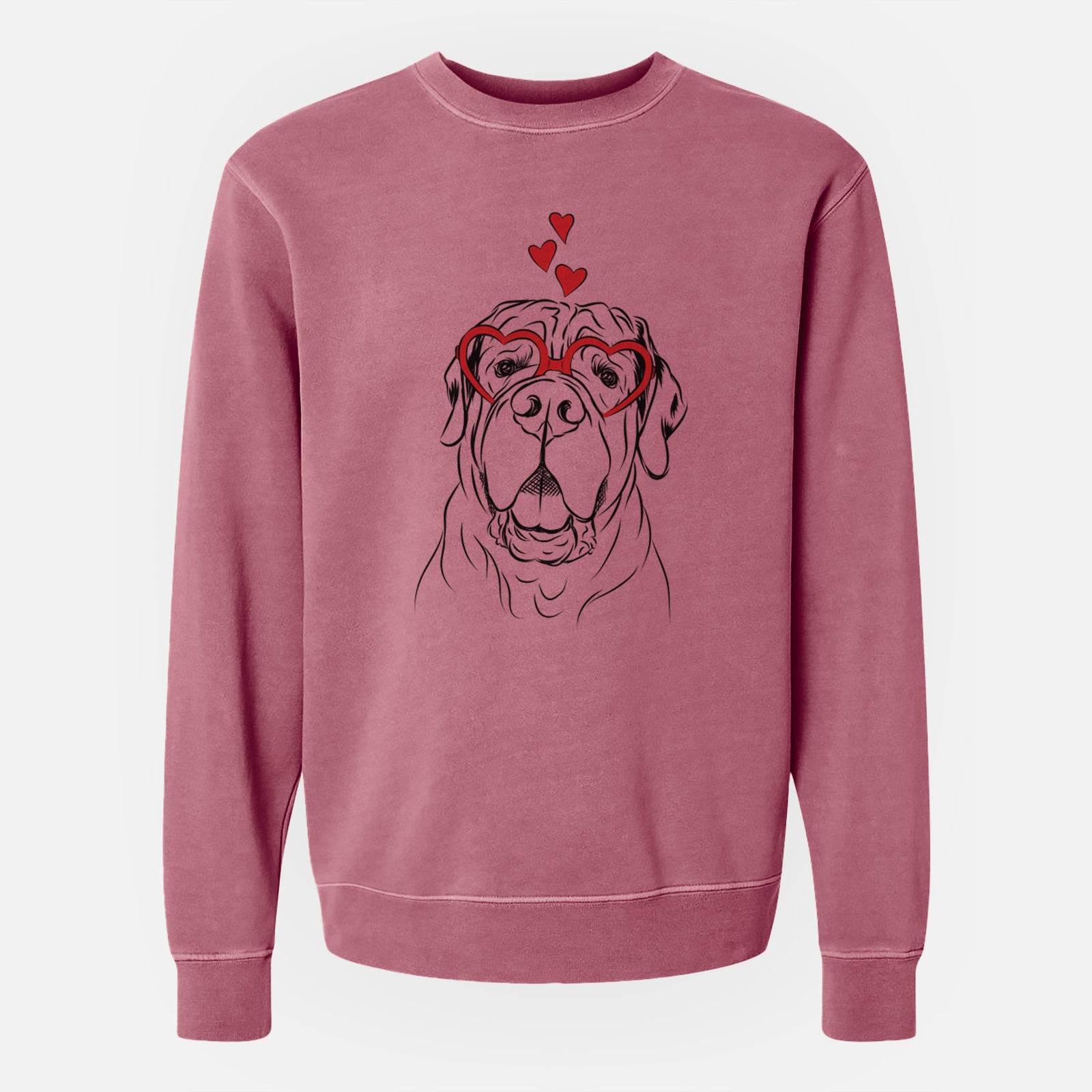 Hand-drawn sketch of Tufton the English Mastiff wearing heart-shaped glasses on a Maroon Unisex pigment dyed crew sweatshirt
