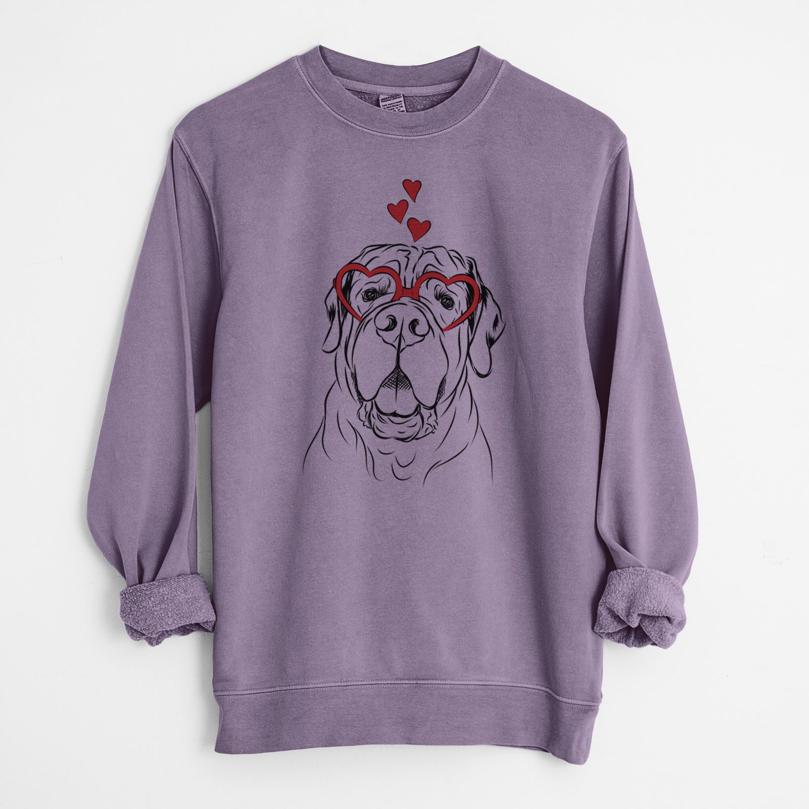 Hand-drawn sketch of Tufton the English Mastiff wearing heart-shaped glasses on a Plum Unisex pigment dyed crew sweatshirt