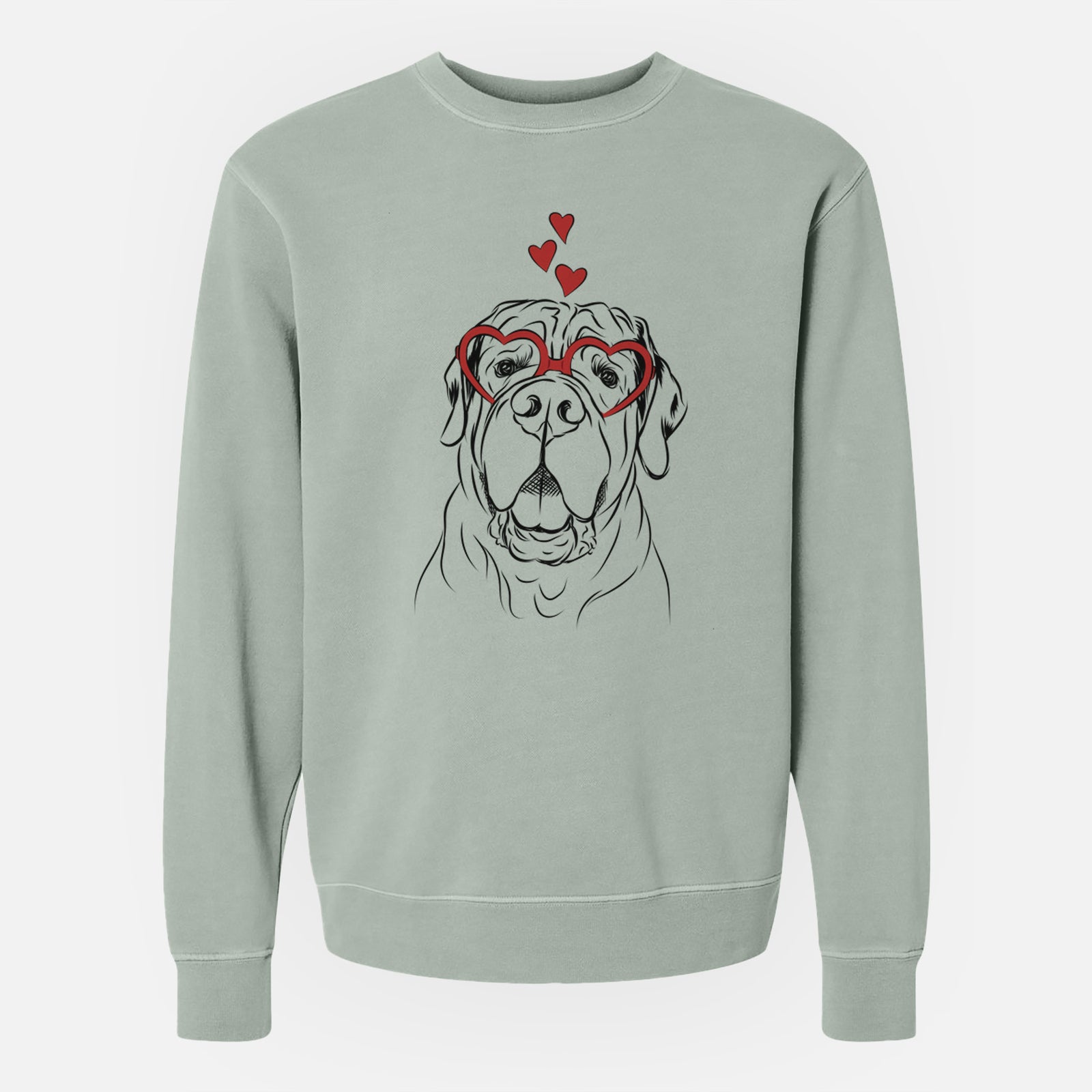Hand-drawn sketch of Tufton the English Mastiff wearing heart-shaped glasses on a Sage Unisex pigment dyed crew sweatshirt