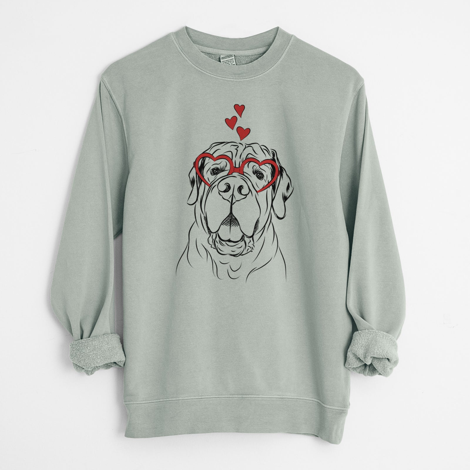 Hand-drawn sketch of Tufton the English Mastiff wearing heart-shaped glasses on a Sage Unisex pigment dyed crew sweatshirt