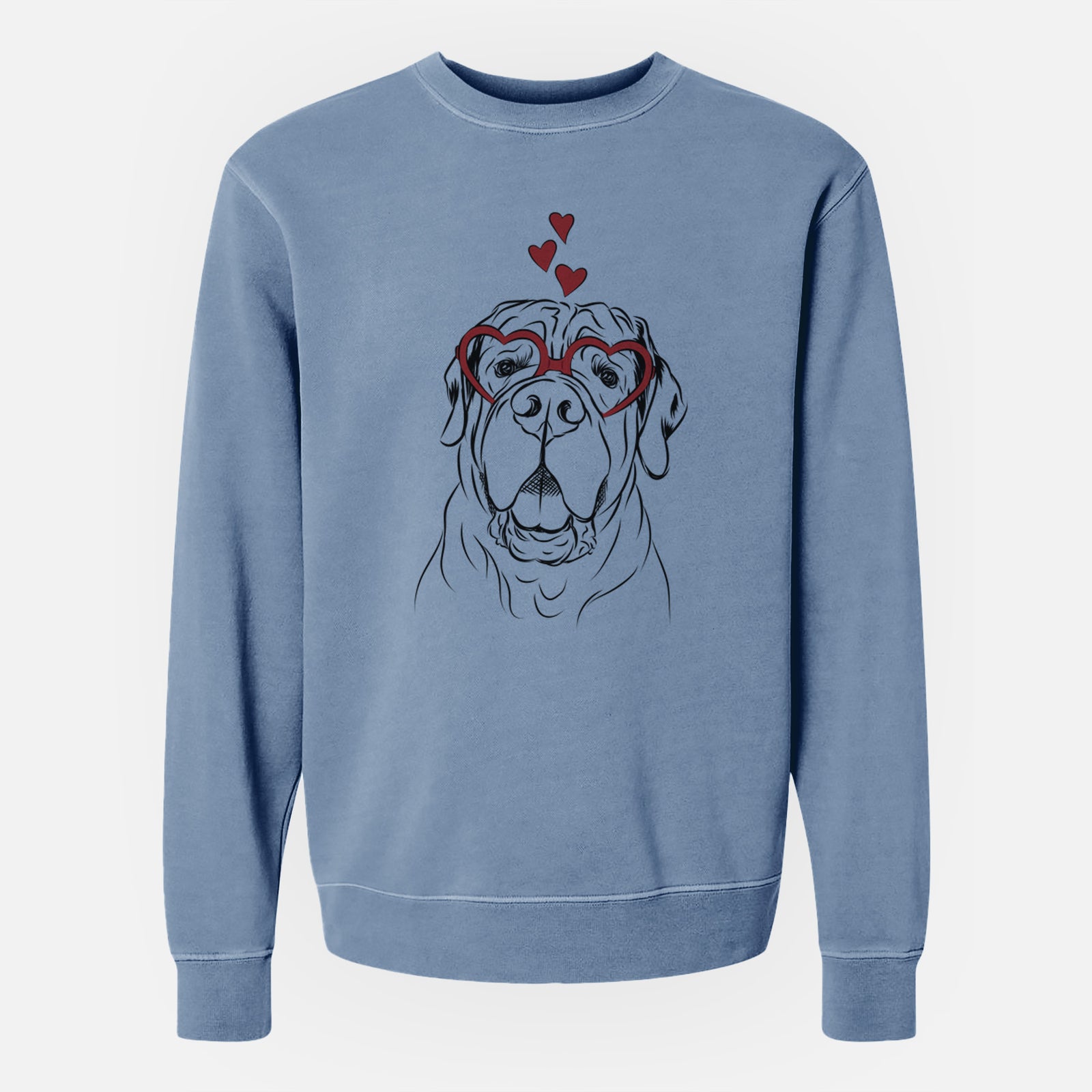Hand-drawn sketch of Tufton the English Mastiff wearing heart-shaped glasses on a Slate Blue Unisex pigment dyed crew sweatshirt