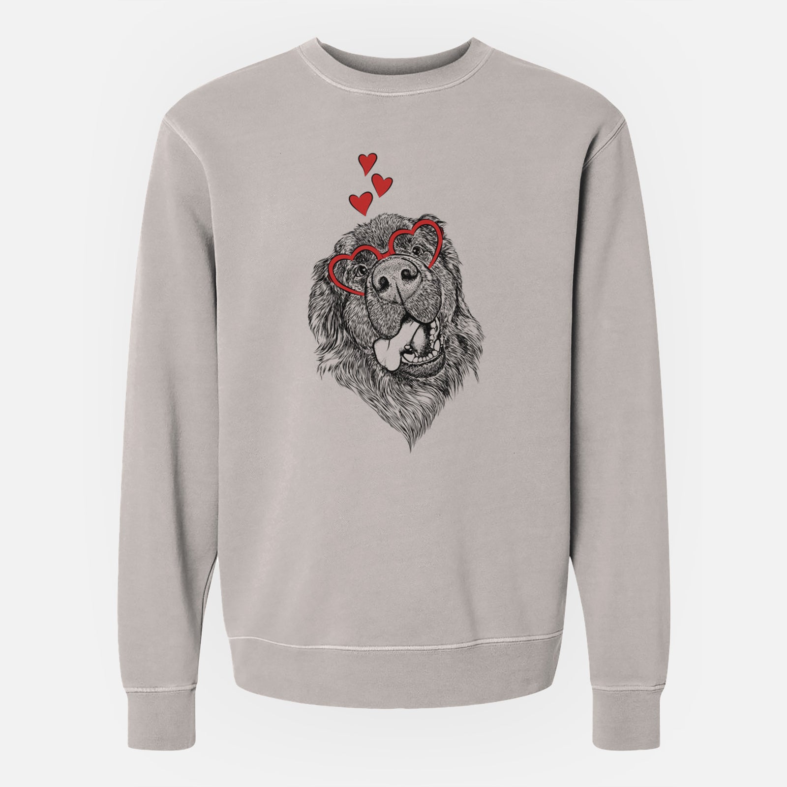 Hand-drawn sketch of Tuna the Newfoundland wearing heart-shaped glasses on a Cement Unisex pigment dyed crew sweatshirt