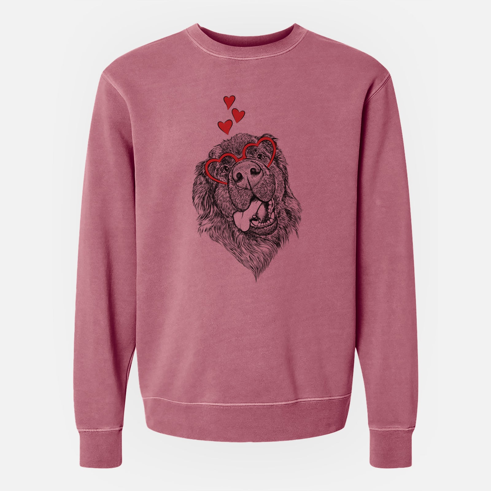 Hand-drawn sketch of Tuna the Newfoundland wearing heart-shaped glasses on a Maroon Unisex pigment dyed crew sweatshirt