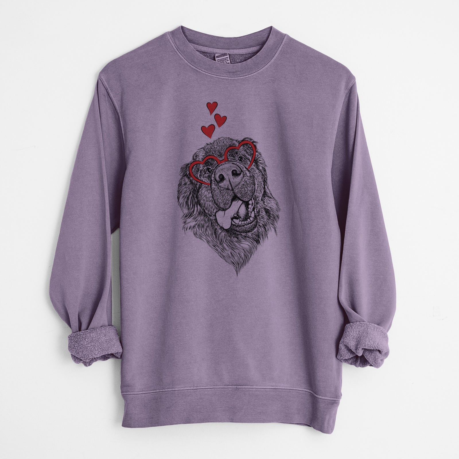 Hand-drawn sketch of Tuna the Newfoundland wearing heart-shaped glasses on a Plum Unisex pigment dyed crew sweatshirt