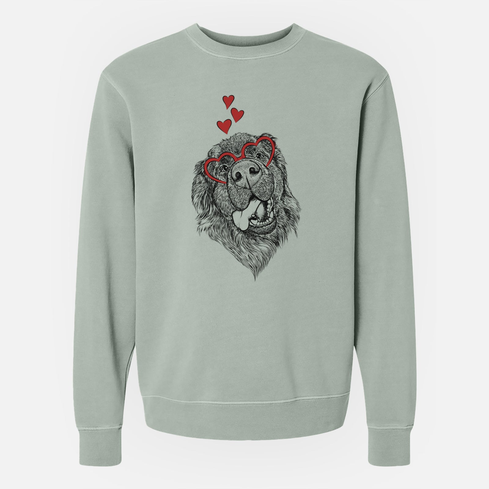 Hand-drawn sketch of Tuna the Newfoundland wearing heart-shaped glasses on a Sage Unisex pigment dyed crew sweatshirt