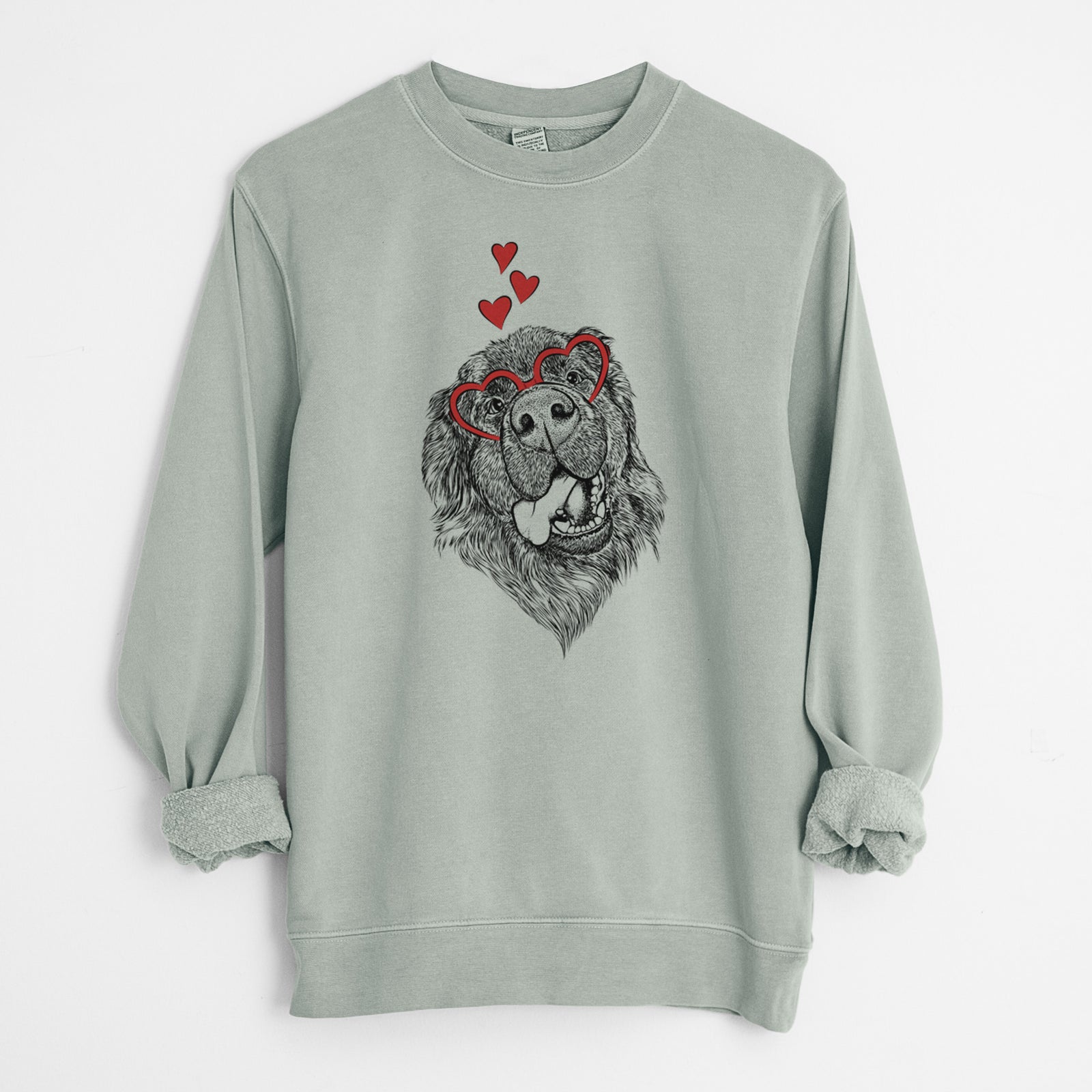Hand-drawn sketch of Tuna the Newfoundland wearing heart-shaped glasses on a Sage Unisex pigment dyed crew sweatshirt