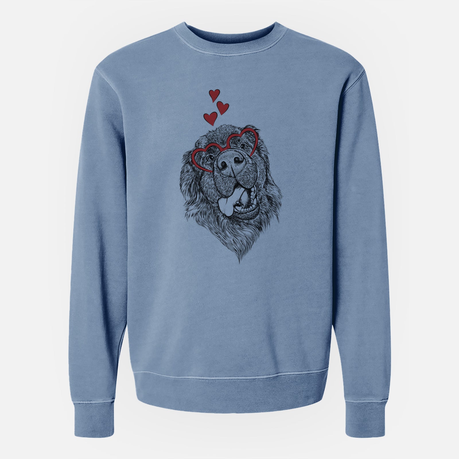 Hand-drawn sketch of Tuna the Newfoundland wearing heart-shaped glasses on a Slate Blue Unisex pigment dyed crew sweatshirt
