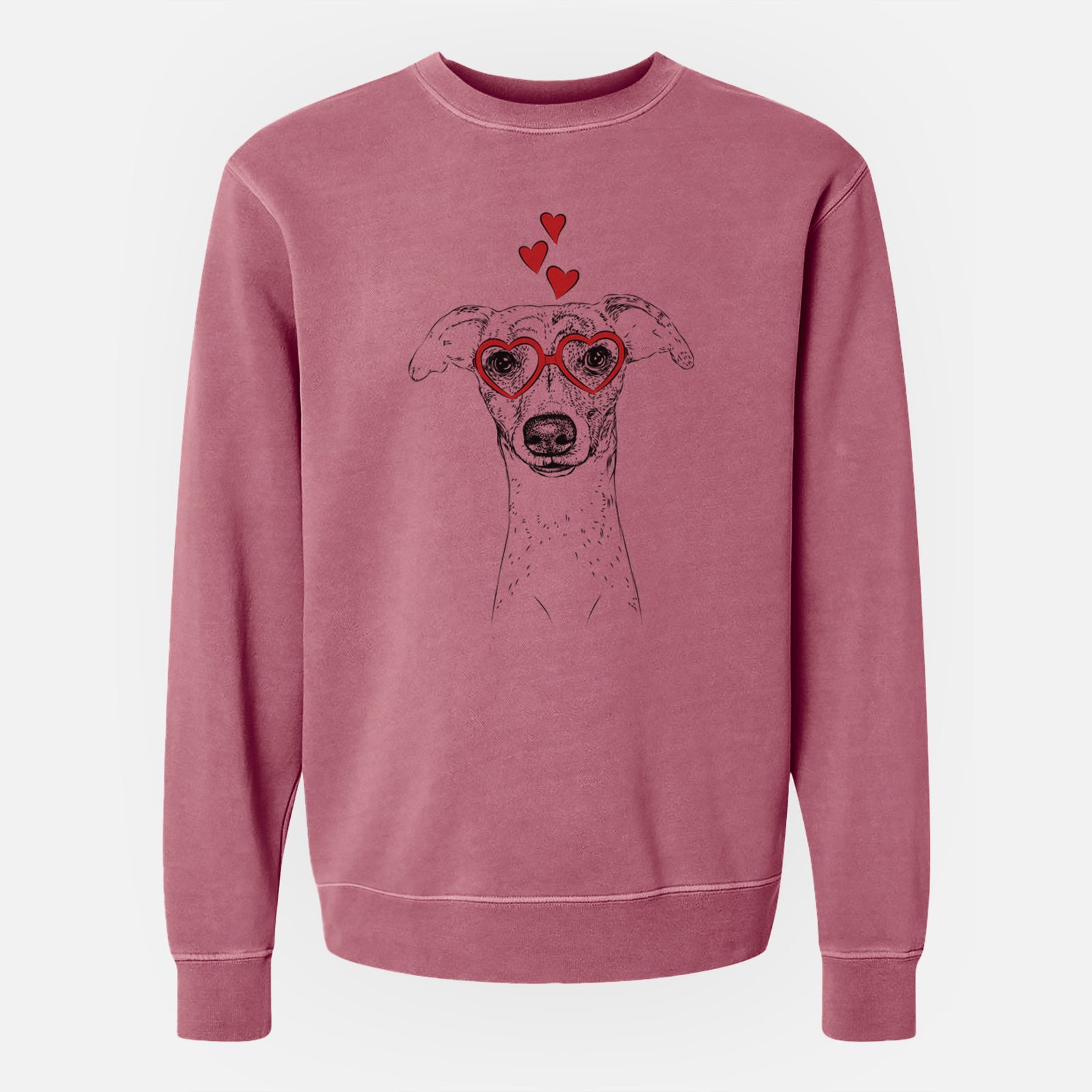Hand-drawn sketch of Twiggy the Whippet wearing heart-shaped glasses on a Maroon Unisex pigment dyed crew sweatshirt