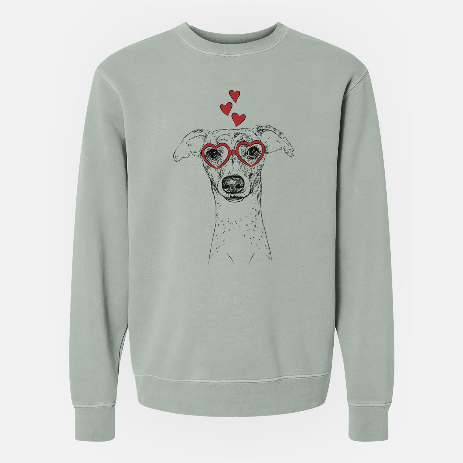 Hand-drawn sketch of Twiggy the Whippet wearing heart-shaped glasses on a Sage Unisex pigment dyed crew sweatshirt