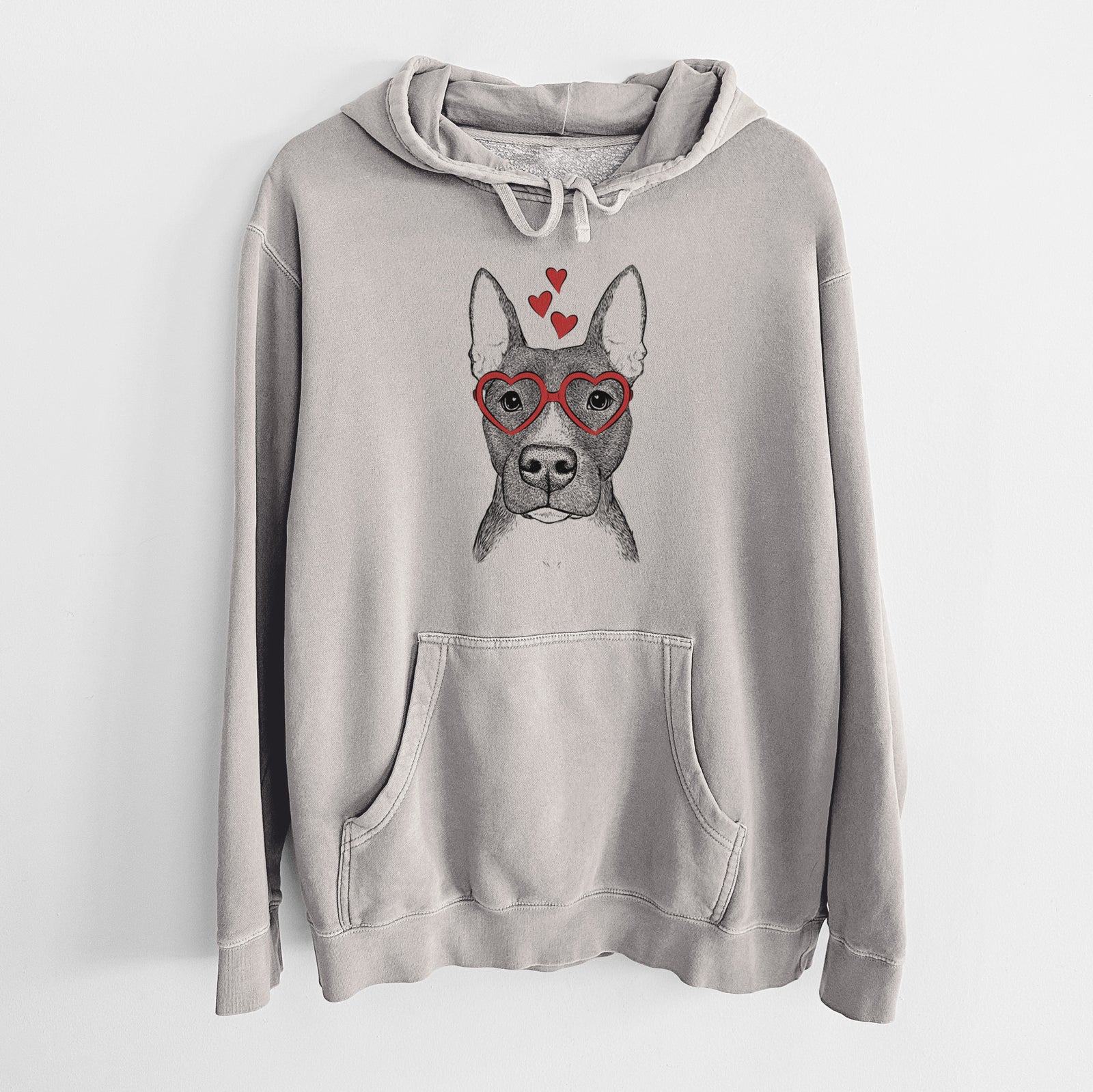 Hand-drawn sketch of Violet the Pitbull wearing heart-shaped glasses on a Cement Unisex pigment dyed hoodie