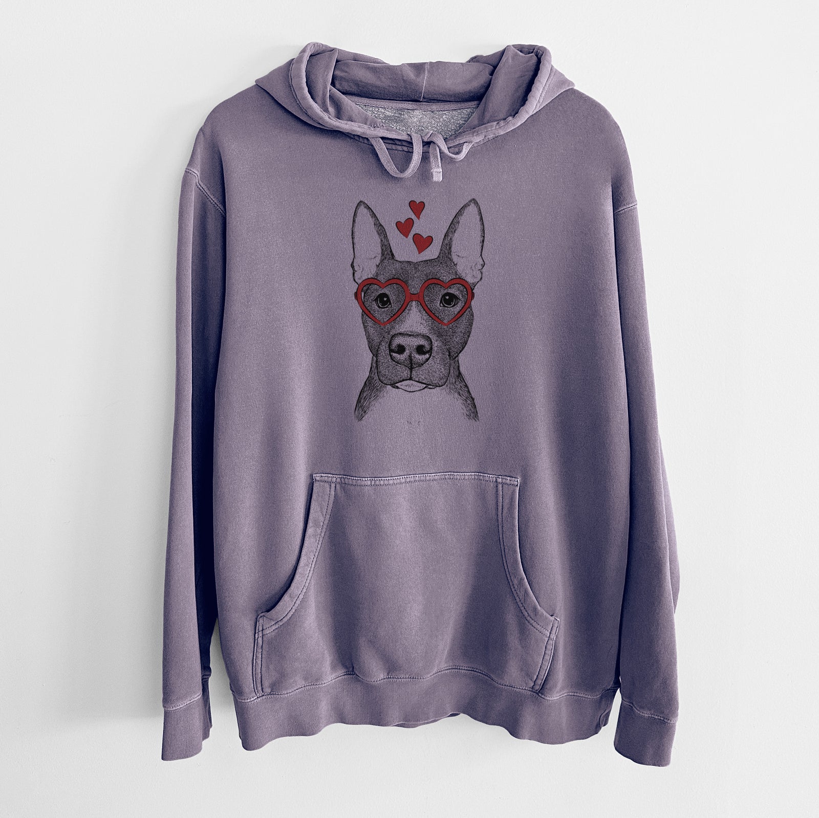 Hand-drawn sketch of Violet the Pitbull wearing heart-shaped glasses on a Plum Unisex pigment dyed hoodie
