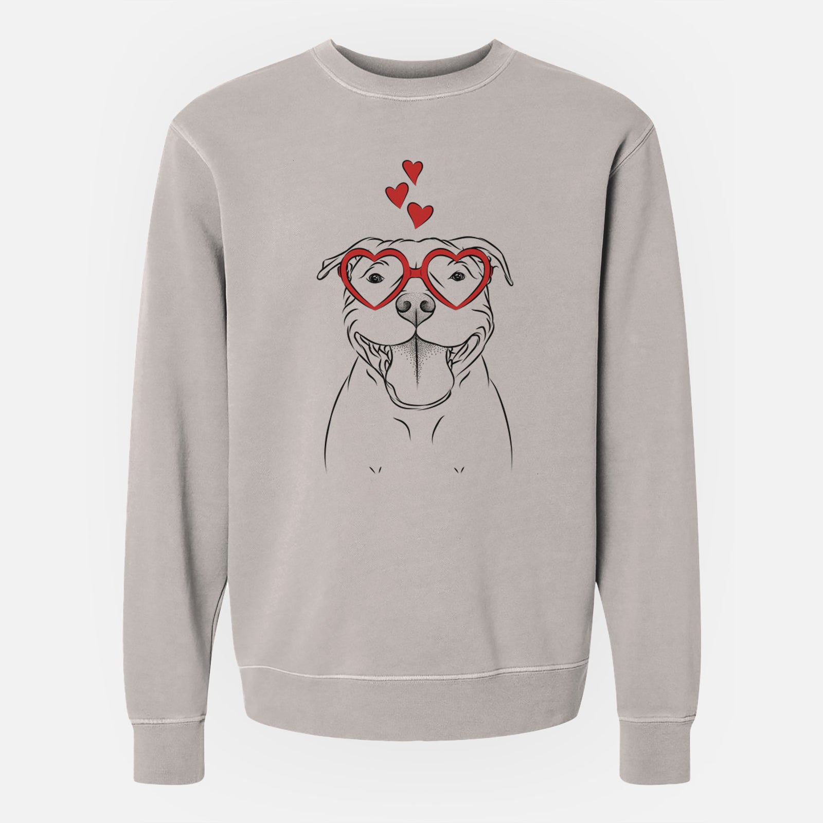 Hand-drawn sketch of Wafer the Staffordshire Bull Terrier wearing heart-shaped glasses on a Cement Unisex pigment dyed crew sweatshirt