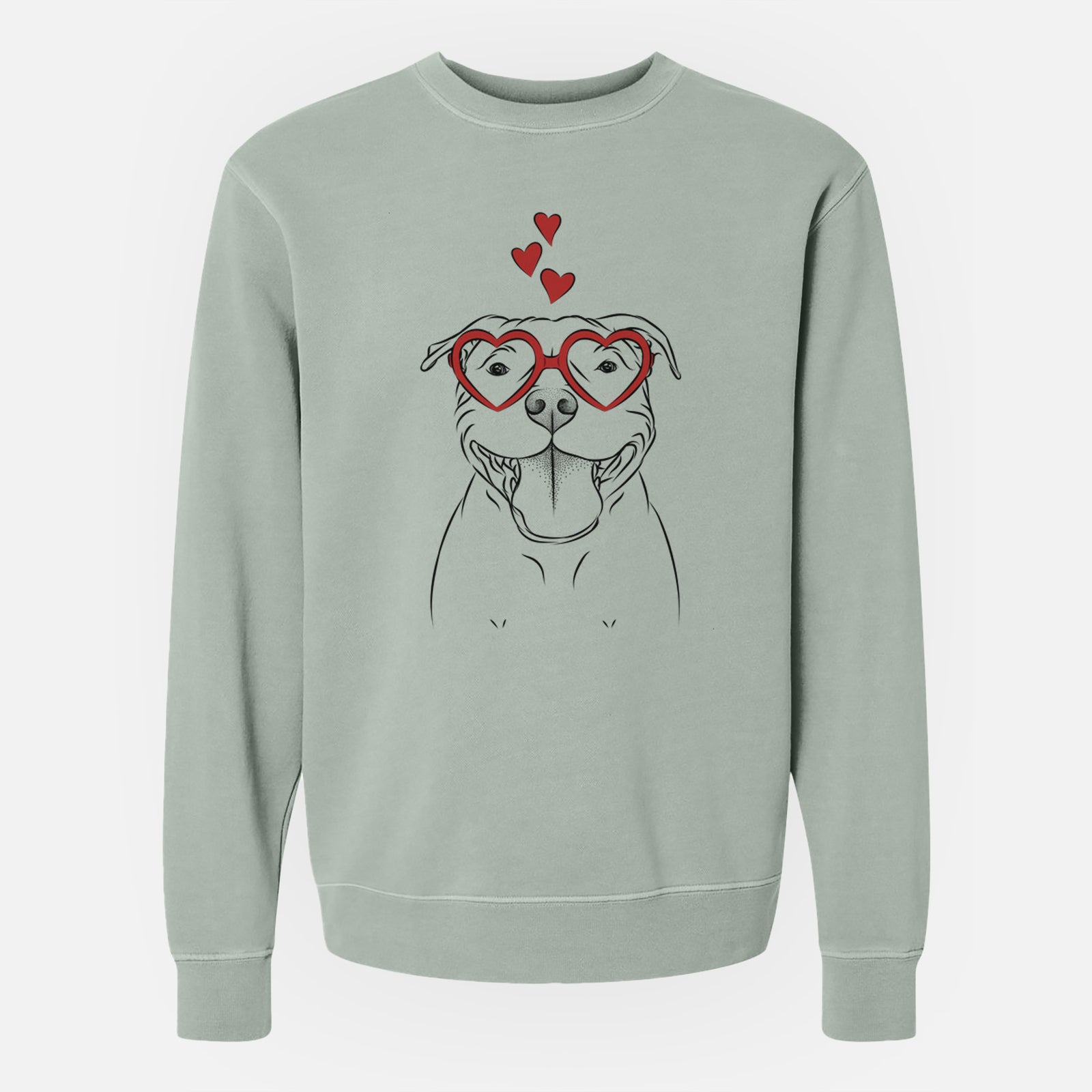 Hand-drawn sketch of Wafer the Staffordshire Bull Terrier wearing heart-shaped glasses on a Sage Unisex pigment dyed crew sweatshirt