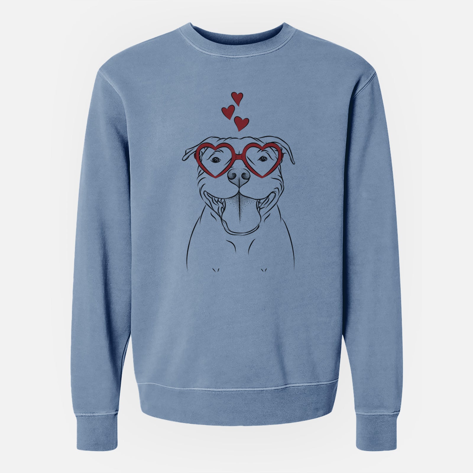 Hand-drawn sketch of Wafer the Staffordshire Bull Terrier wearing heart-shaped glasses on a Slate Blue Unisex pigment dyed crew sweatshirt