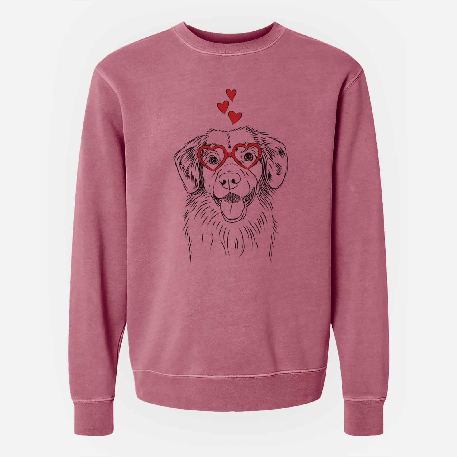 Hand-drawn sketch of Weston the Nova Scotia Duck Tolling Retriever wearing heart-shaped glasses on a Maroon Unisex pigment dyed crew sweatshirt