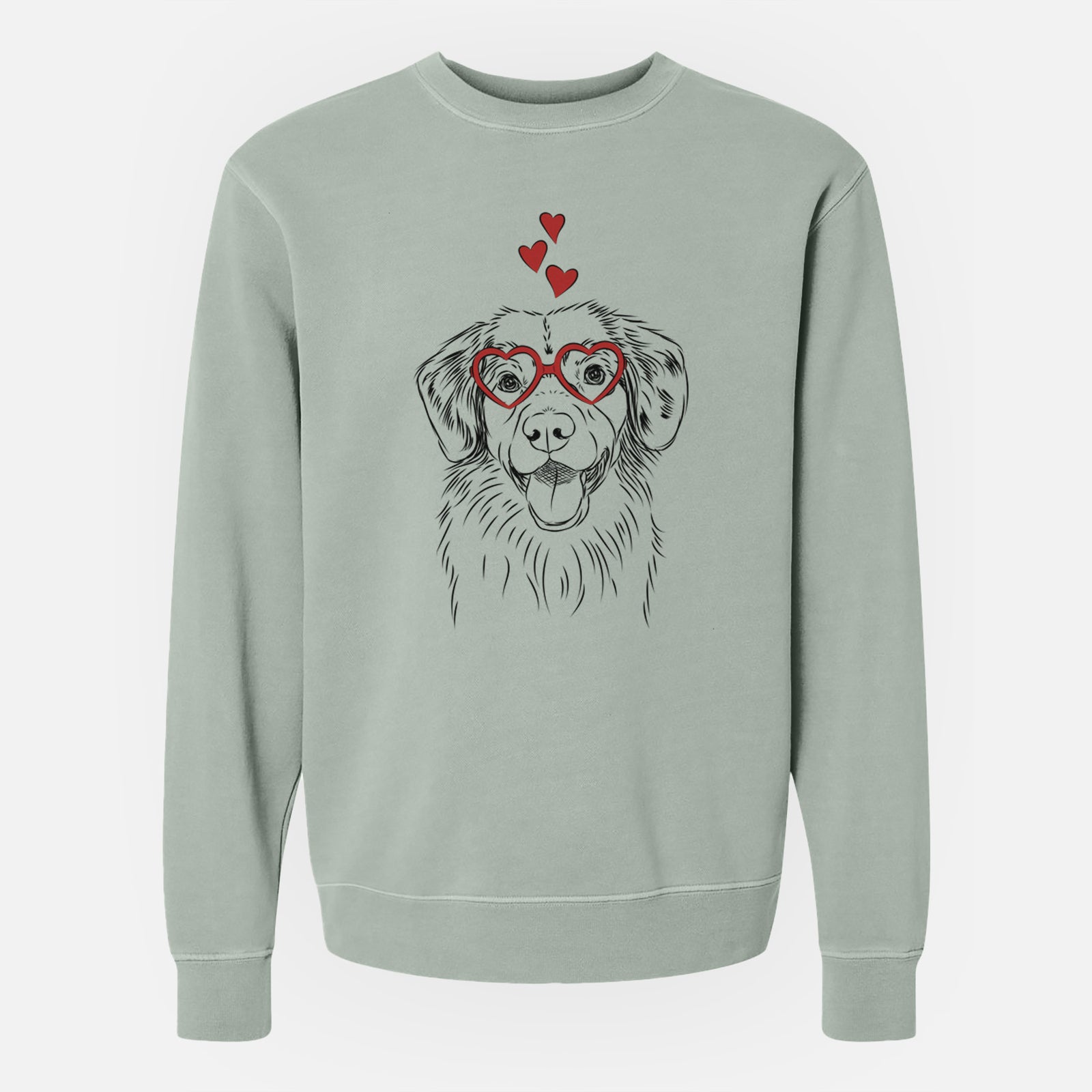 Hand-drawn sketch of Weston the Nova Scotia Duck Tolling Retriever wearing heart-shaped glasses on a Sage Unisex pigment dyed crew sweatshirt