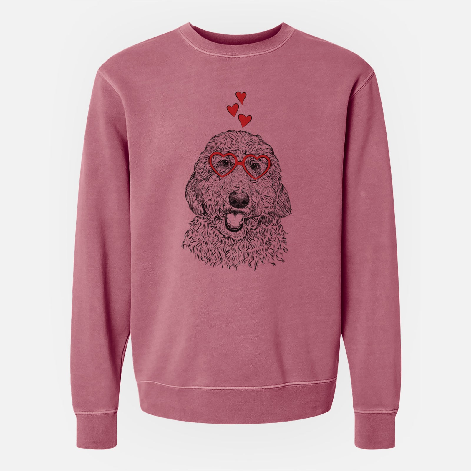 Hand-drawn sketch of Whisper the Goldendoodle wearing heart-shaped glasses on a Maroon Unisex pigment dyed crew sweatshirt