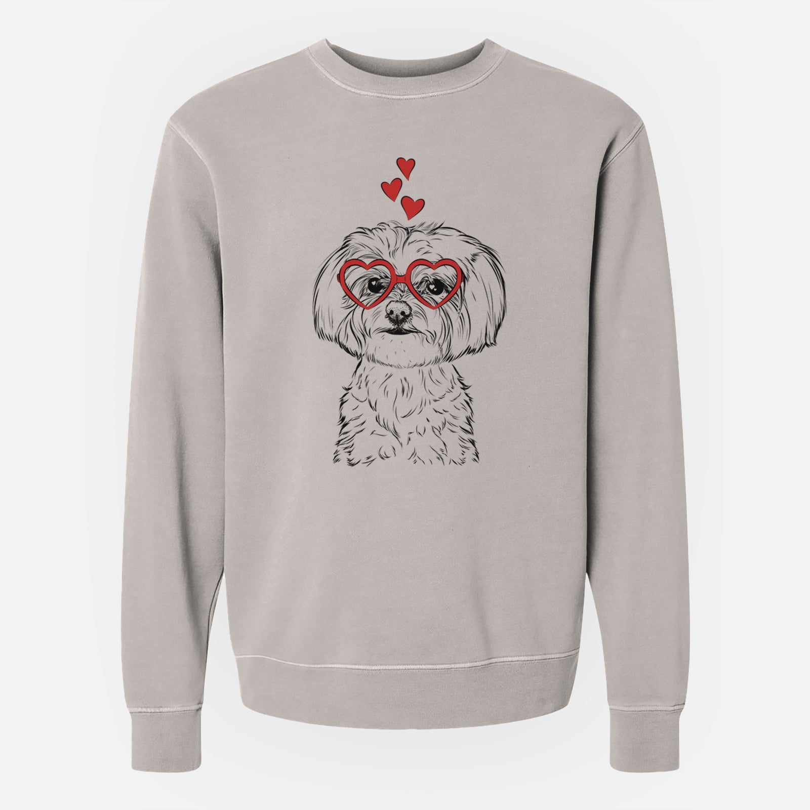 Hand-drawn sketch of Willow the Maltese wearing heart-shaped glasses on a Cement Unisex pigment dyed crew sweatshirt