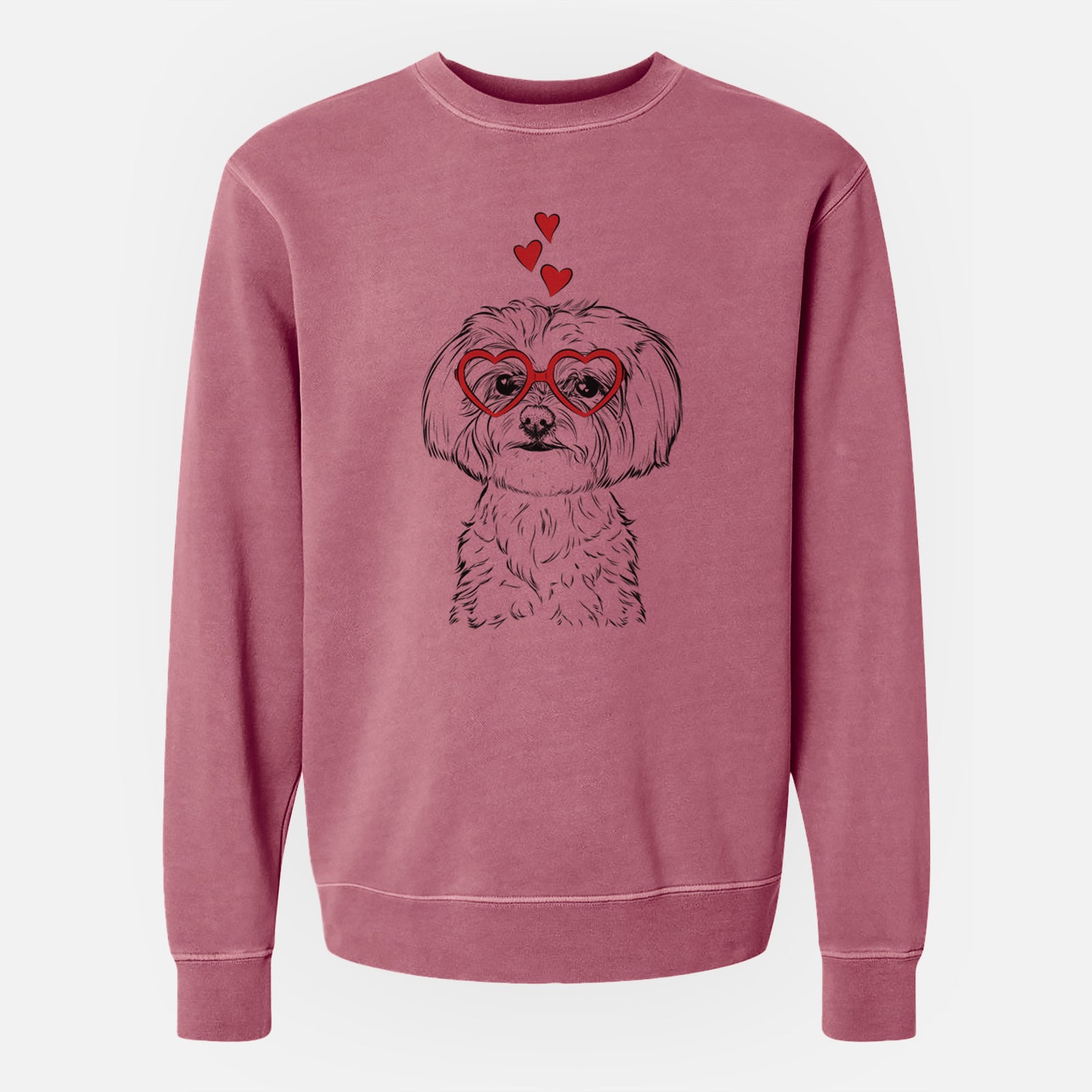 Hand-drawn sketch of Willow the Maltese wearing heart-shaped glasses on a Maroon Unisex pigment dyed crew sweatshirt