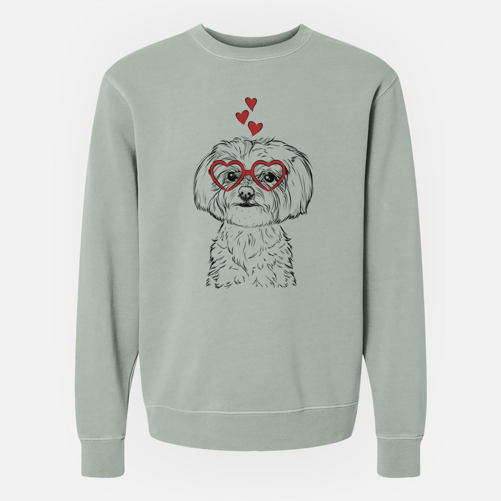 Hand-drawn sketch of Willow the Maltese wearing heart-shaped glasses on a Sage Unisex pigment dyed crew sweatshirt