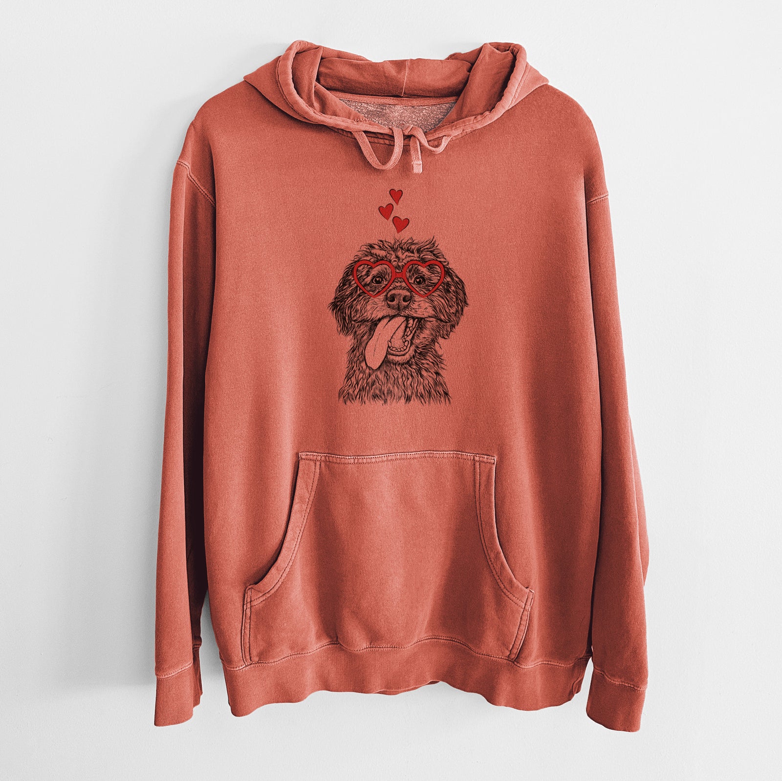 Hand-drawn sketch of Winnie the Mini Aussiedoodle wearing heart-shaped glasses on an Amber Unisex pigment dyed hoodie