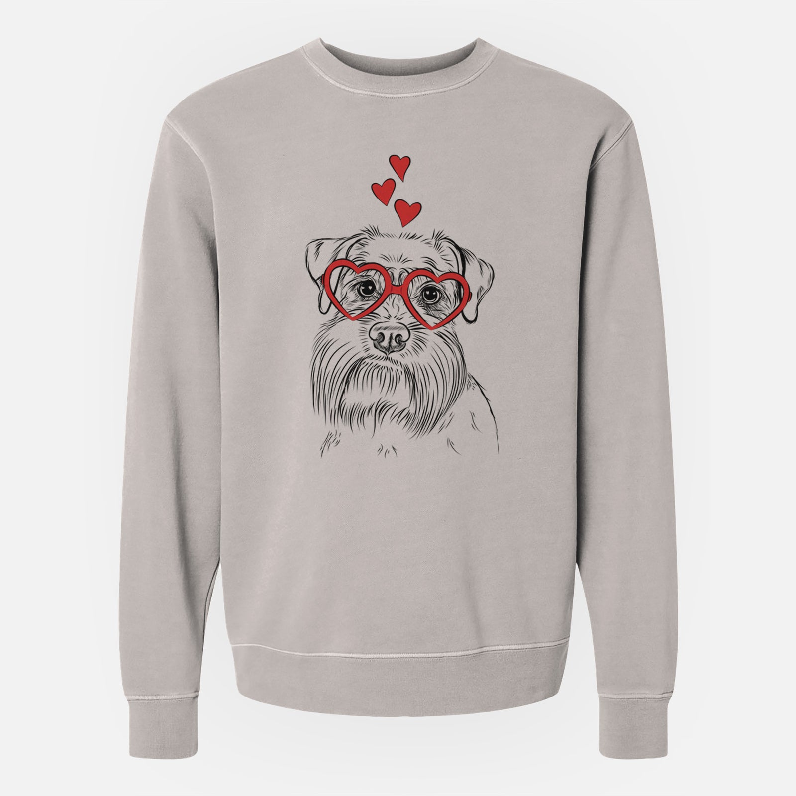 Hand-drawn sketch of Wrigley the Schnauzer wearing heart-shaped glasses on a Cement Unisex pigment dyed crew sweatshirt