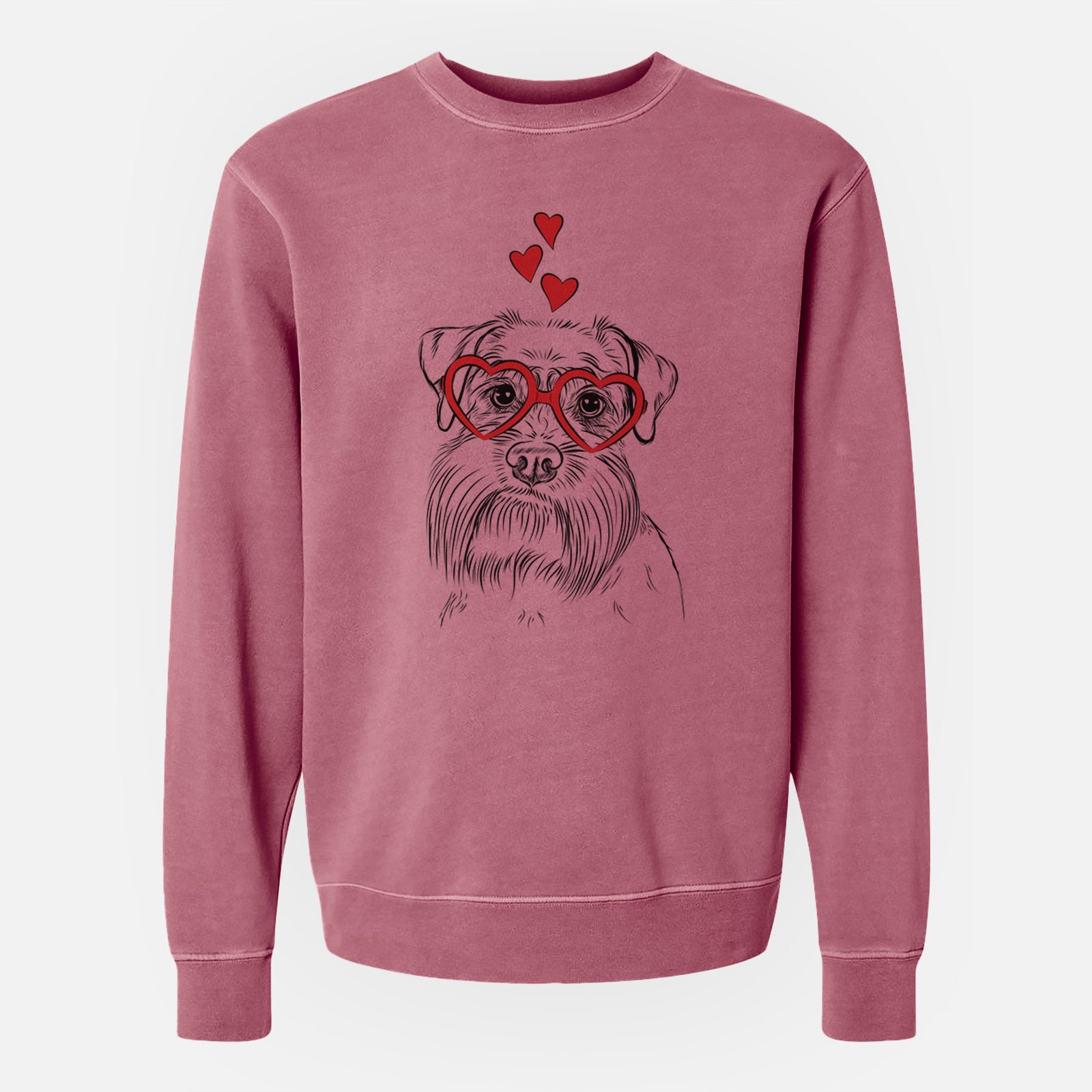 Hand-drawn sketch of Wrigley the Schnauzer wearing heart-shaped glasses on a Maroon Unisex pigment dyed crew sweatshirt