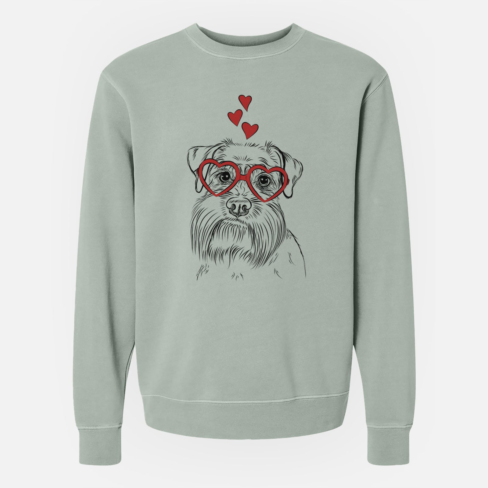 Hand-drawn sketch of Wrigley the Schnauzer wearing heart-shaped glasses on a Sage Unisex pigment dyed crew sweatshirt